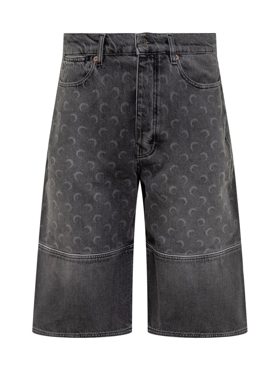Marine Serre Marine Greenhouses Bermuda Shorts In Grey Denim With Lunar Motif - 1