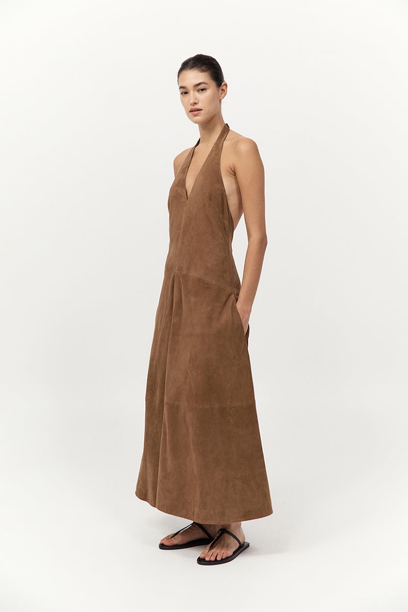 Suede Halter Plunge Dress - Toffee - 3