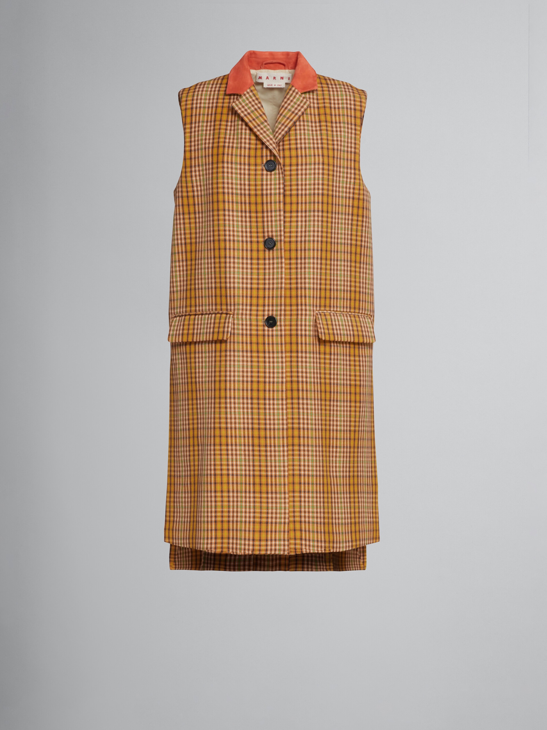 LONG WOOL VEST WITH ORANGE CHECKS - 1