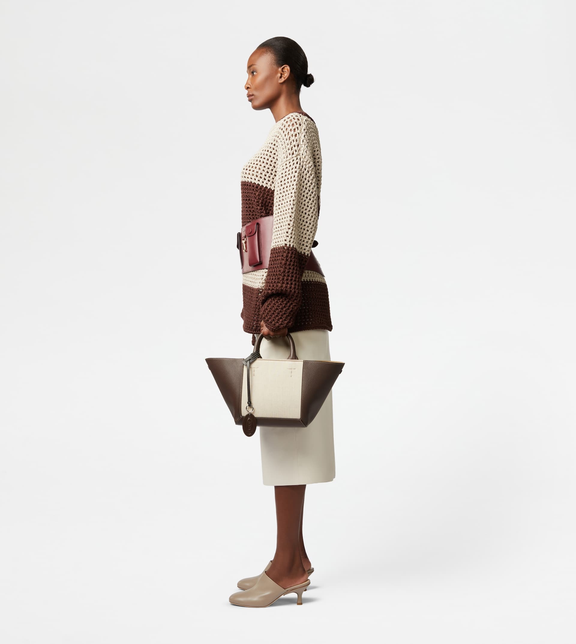 TOD'S DOUBLE UP SHOPPING BAG IN LEATHER AND CANVAS SMALL - BROWN, OFF WHITE - 3