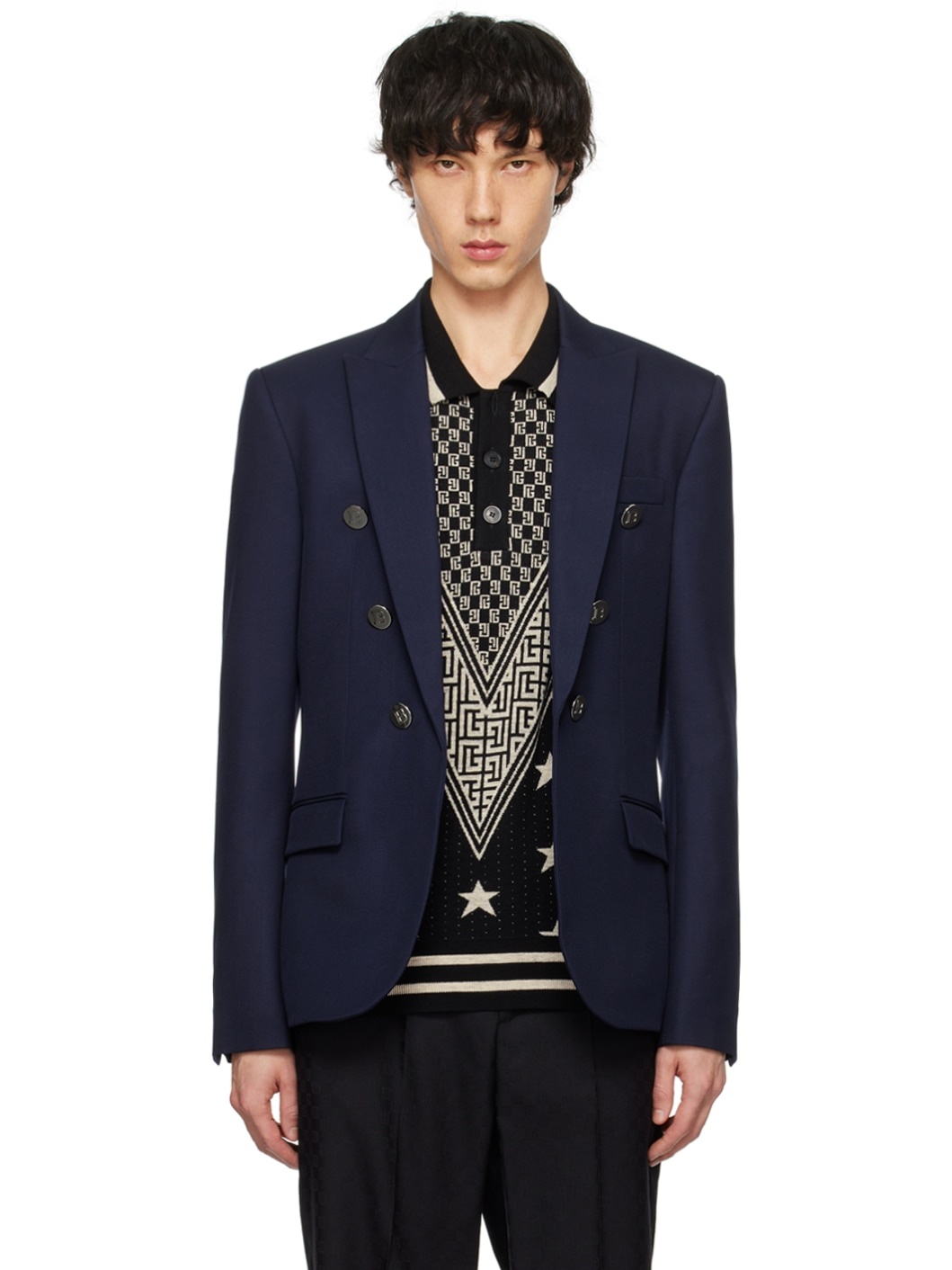 Navy Peaked Lapel Blazer - 1