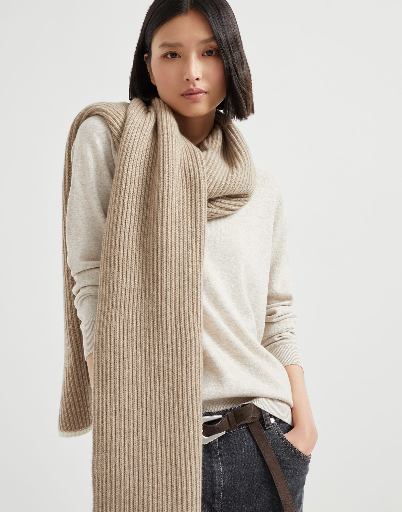 Cashmere English rib knit scarf with monili - 4