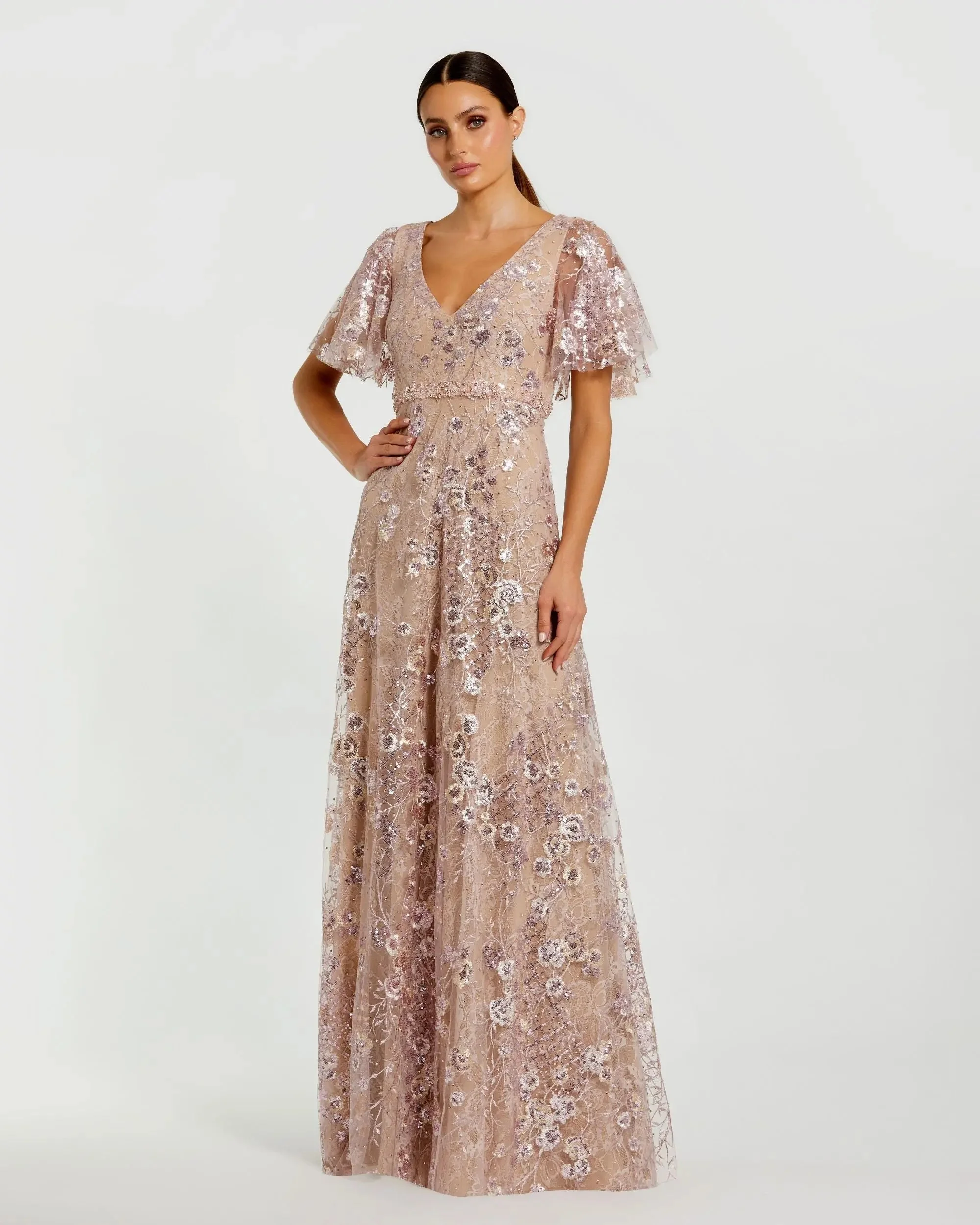 Pink Lace Embellished Flutter Sleeve A-Line Gown - 1