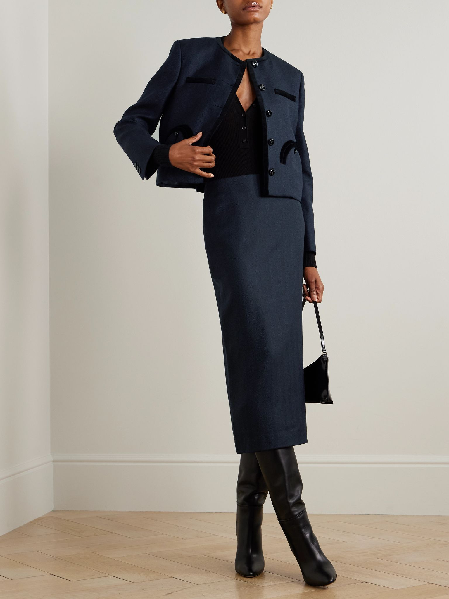 Sussex herringbone wool midi skirt Navy - 2