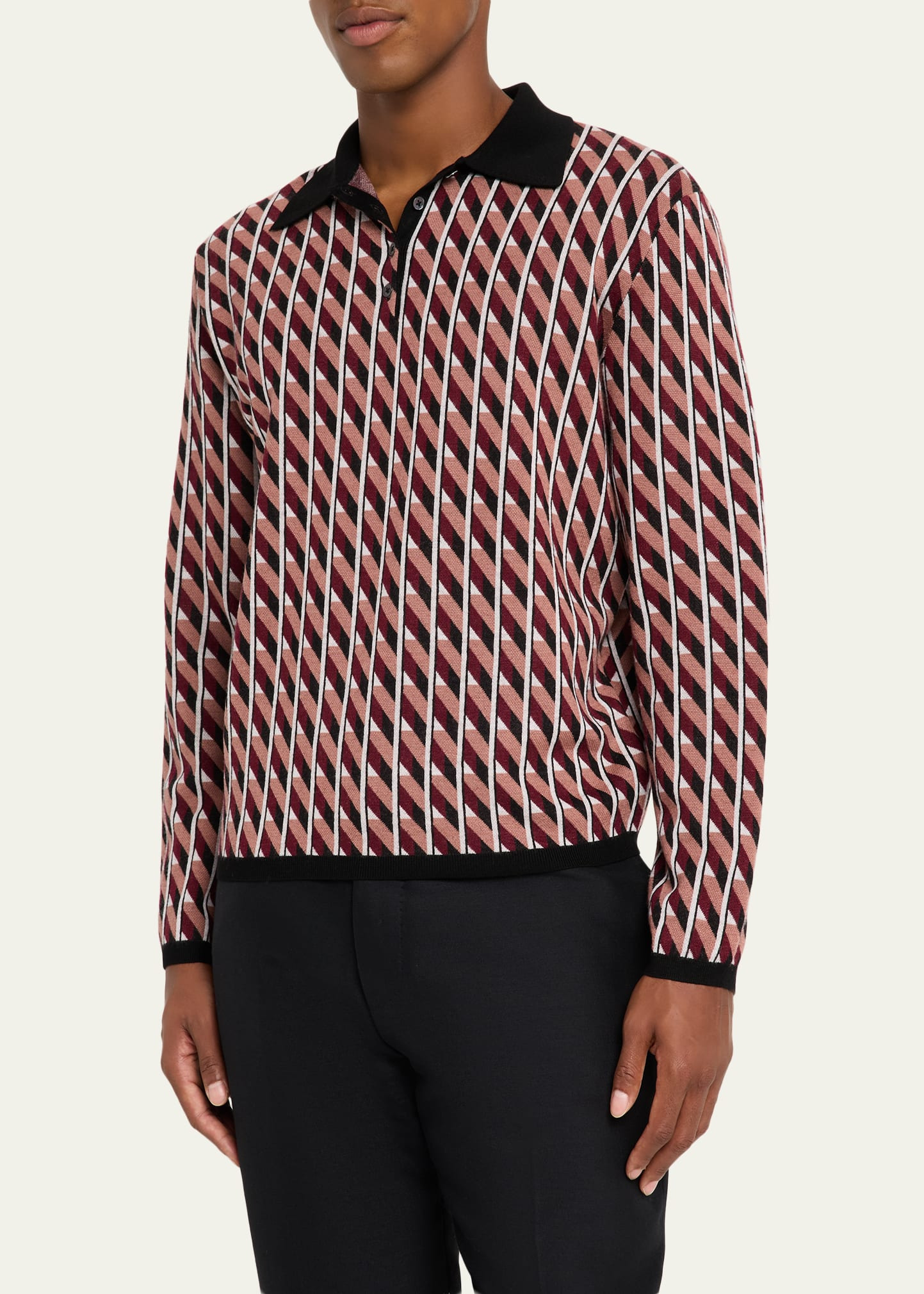 Men's Merino Wool Geometric Jacquard Polo Sweater - 4