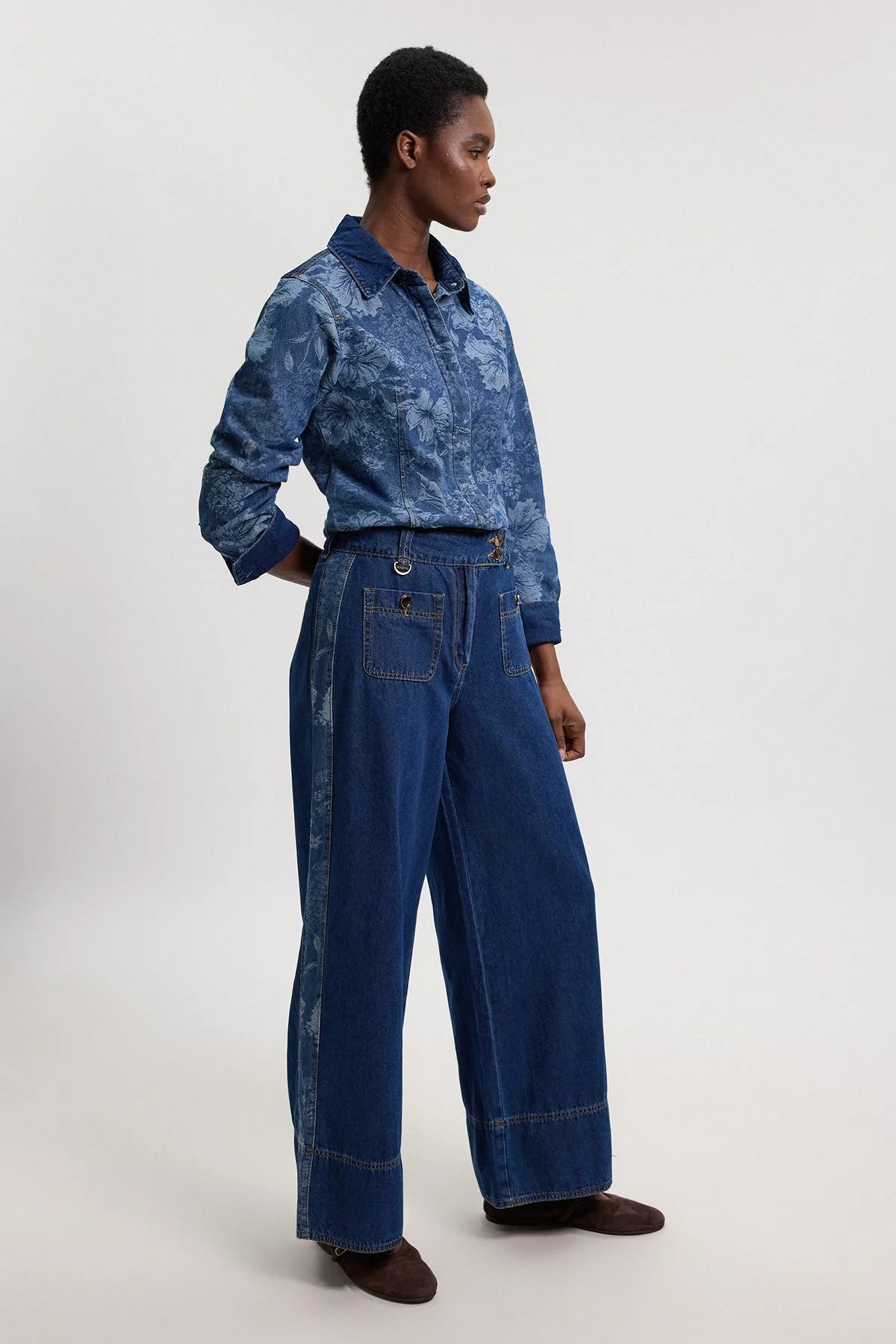 Jacquard Denim Contrast Collar and Cuff Shirt - 1