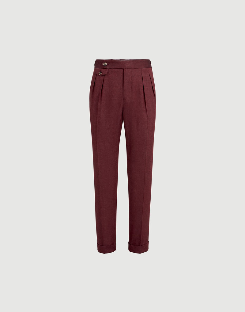Linen and virgin wool chevron trousers with double pleats and waist tabs 1