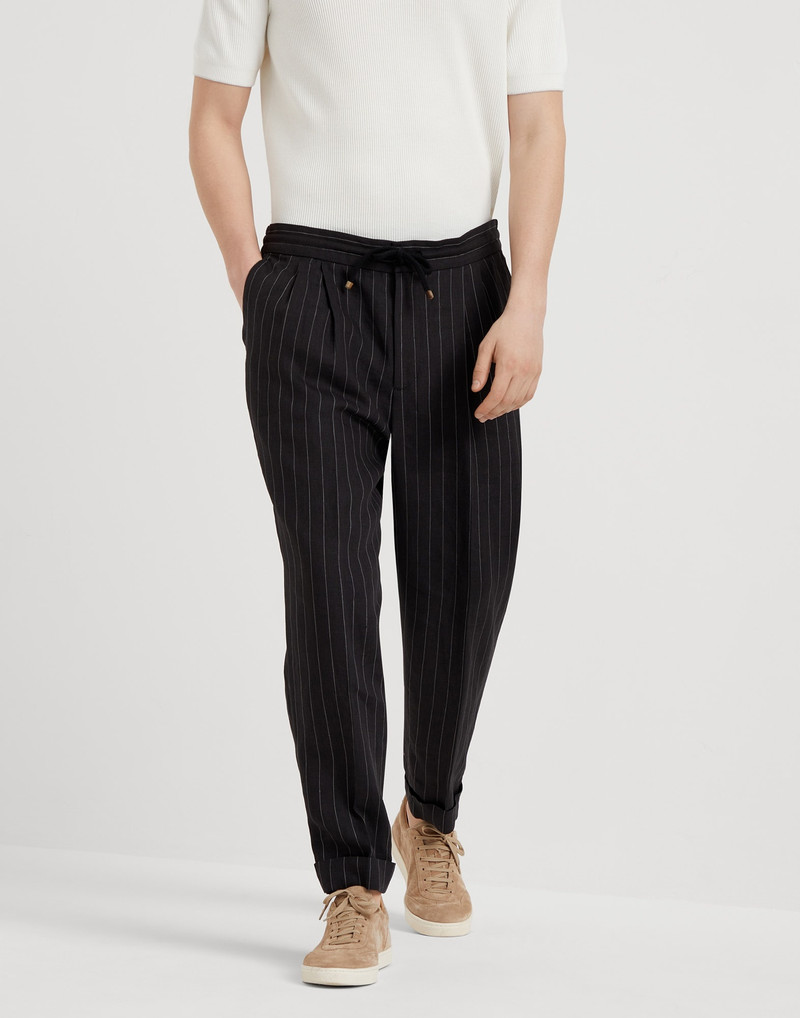Linen chalk stripe leisure fit trousers with drawstring and double pleats 1