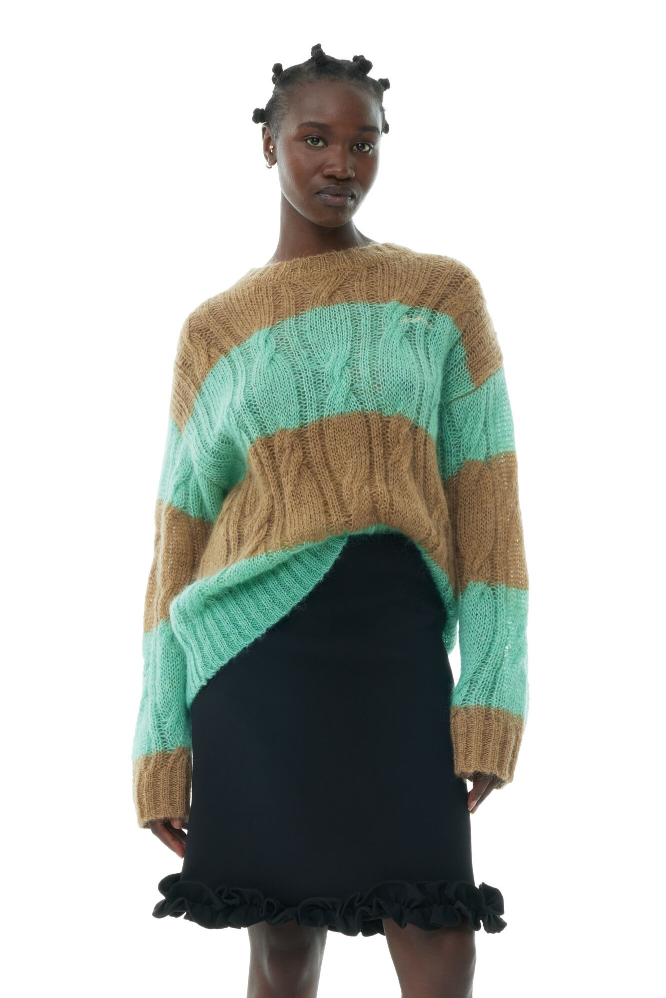 STRIPED MOHAIR CABLE O-NECK SWEATER - 2