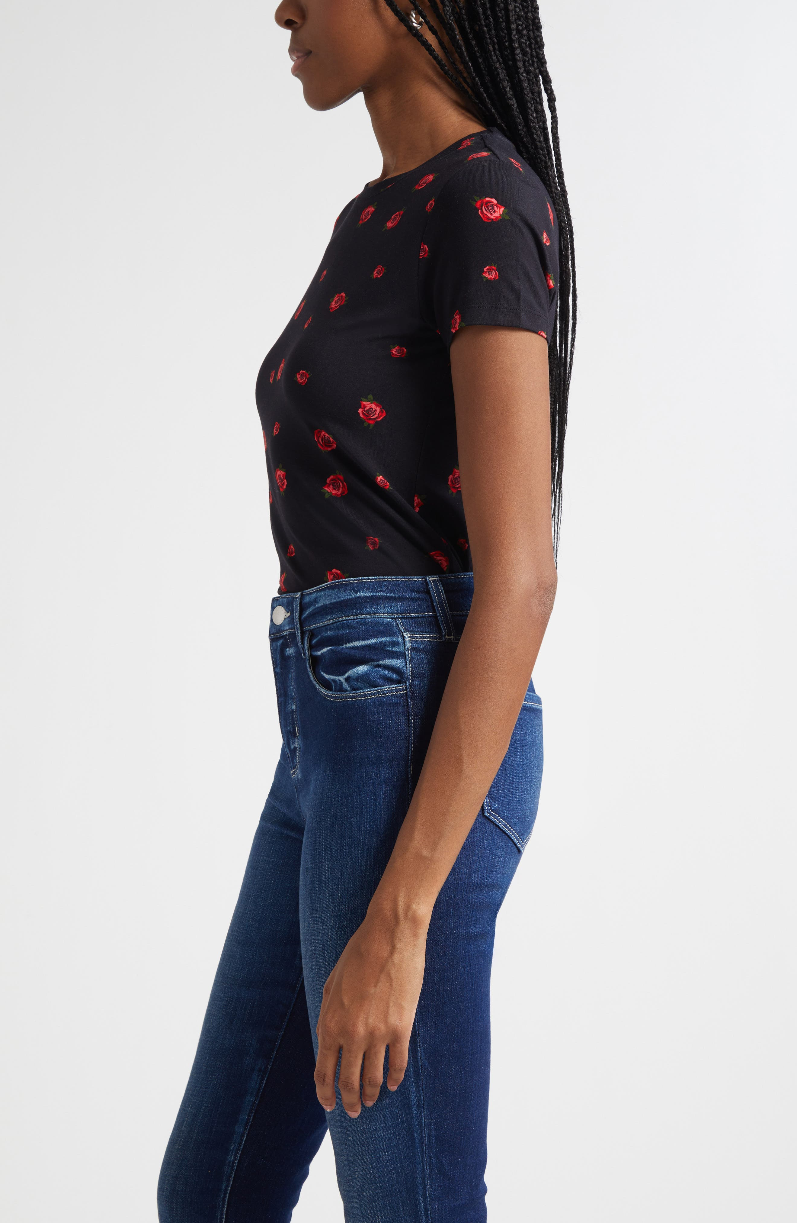 L'AGENCE Ressi Rose Print T-Shirt in Black/Red Rose Emb at Nordstrom - 3