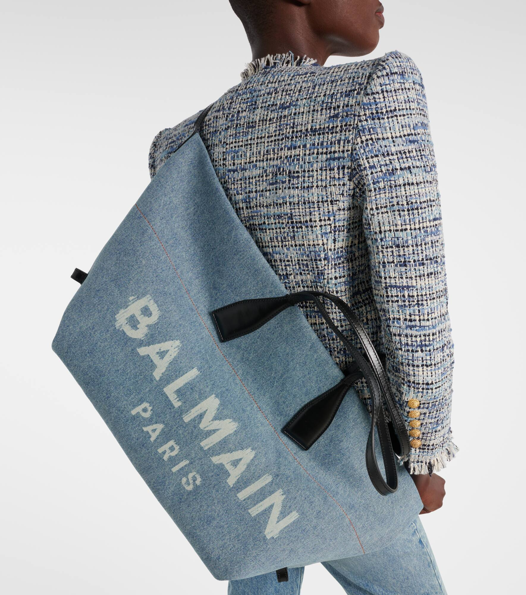 Track leather-trimmed denim tote bag - 6