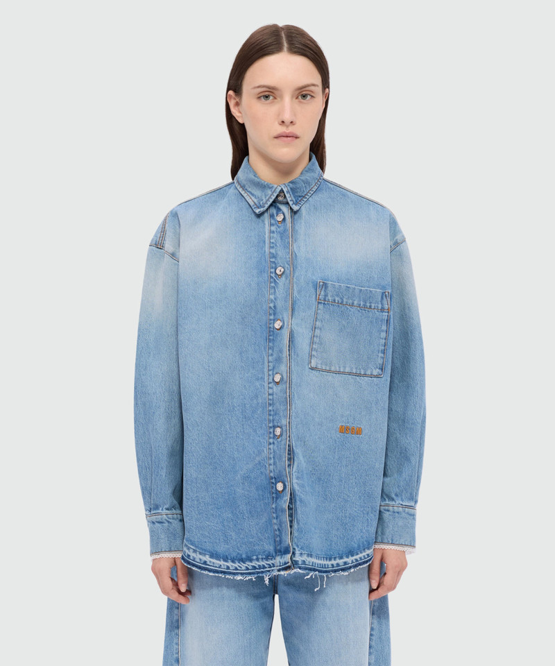 MSGM Stone-washed denim shirt with lace detail on the cuffs outlook