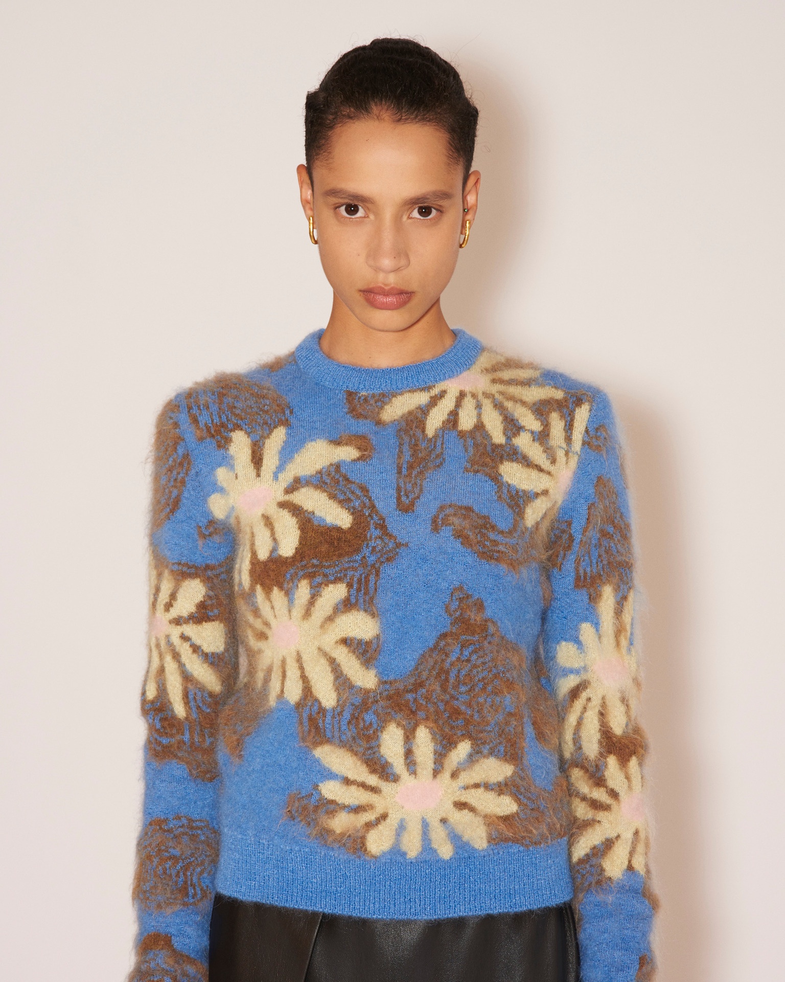 ELOISE - Brushed alpaca floral crew neck sweater - Blue - 1