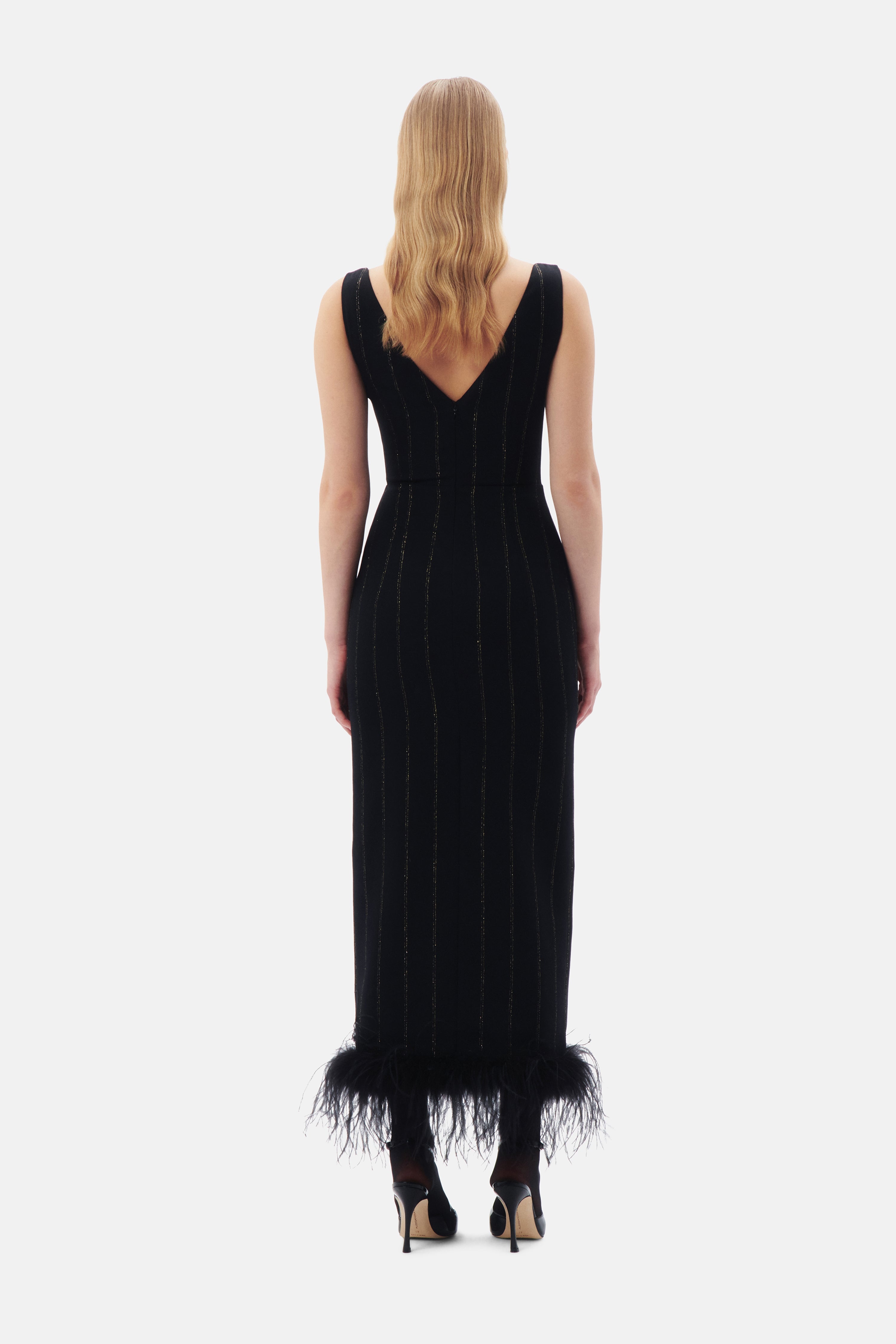 LIGHT WOOL LUREX PINSTRIPE DRESS WITH FEATHERS - 5