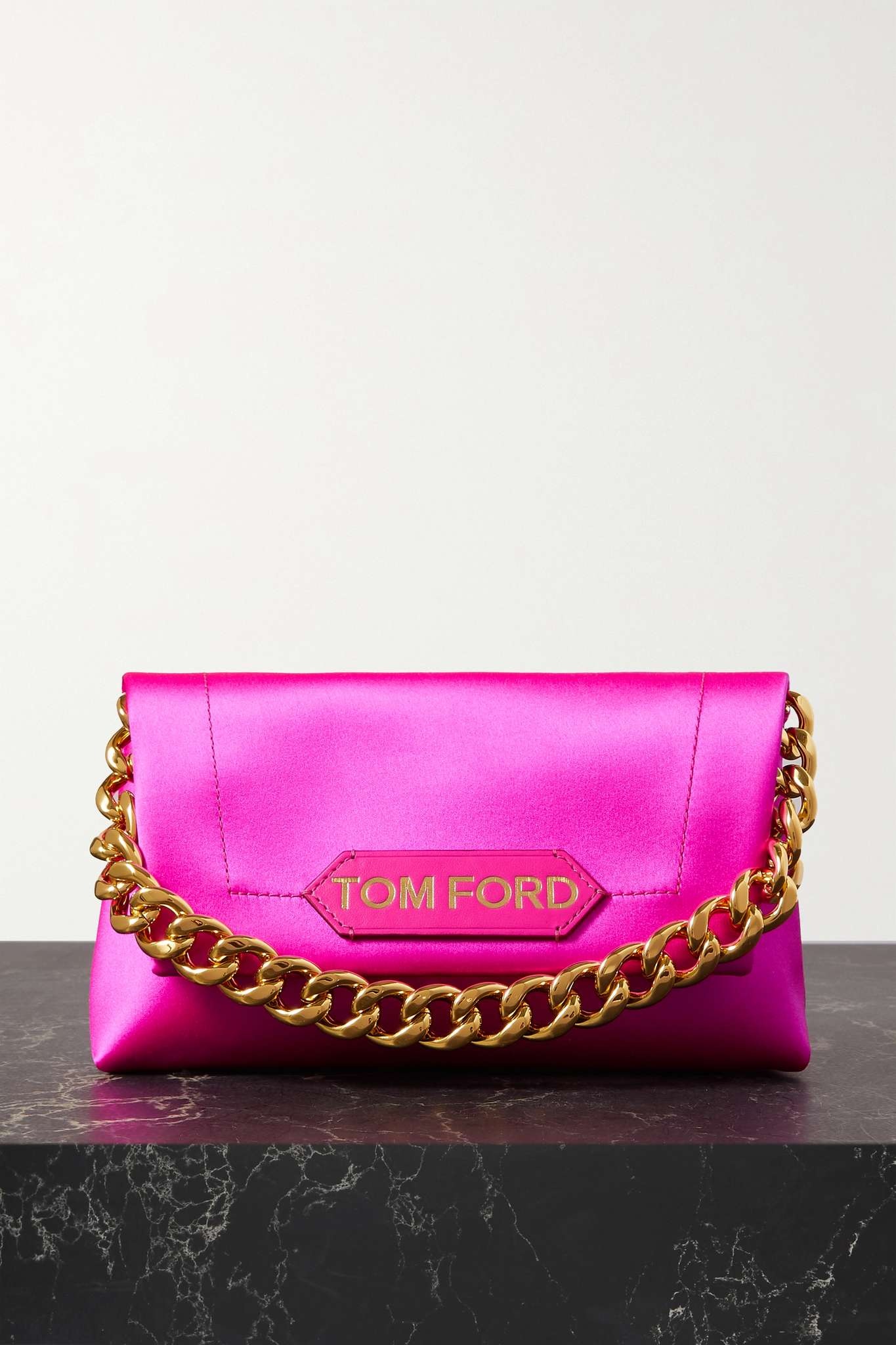 Chain leather-trimmed satin clutch - 1