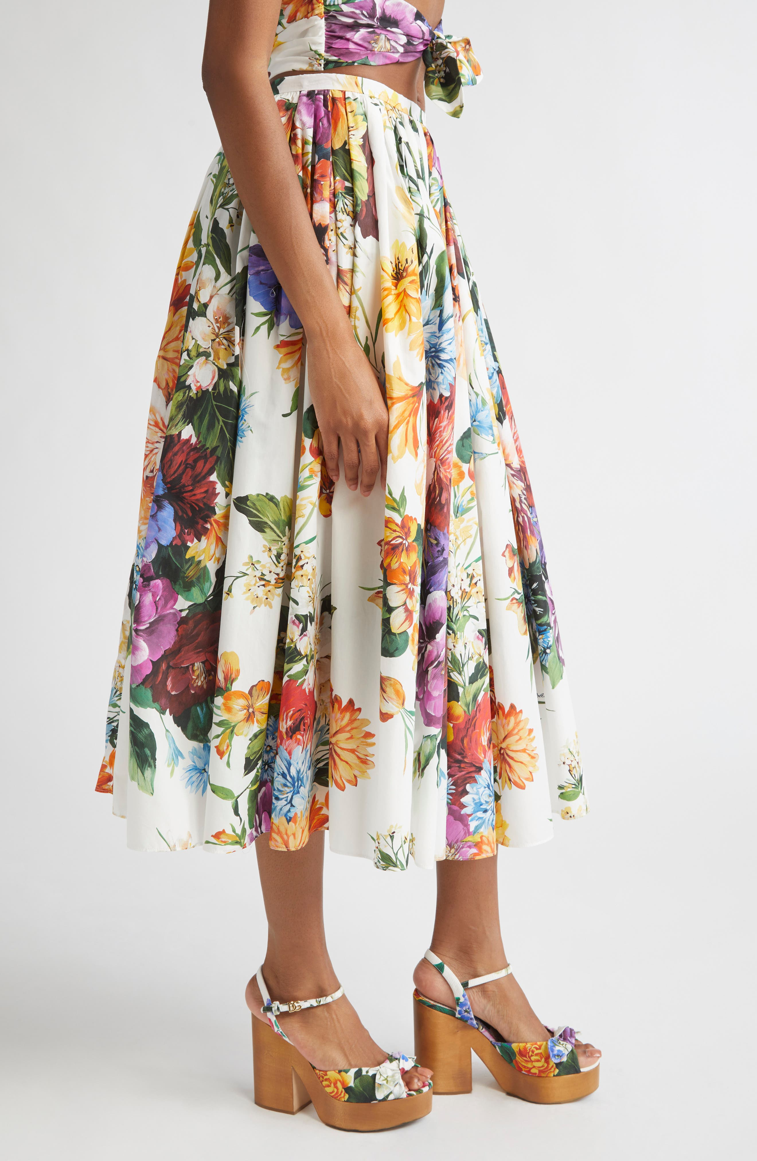 Dolce&Gabbana Floral Print Pleated Cotton Poplin A-Line Midi Skirt in Ha5Pc B.fiori Cret. F.bco at N - 4