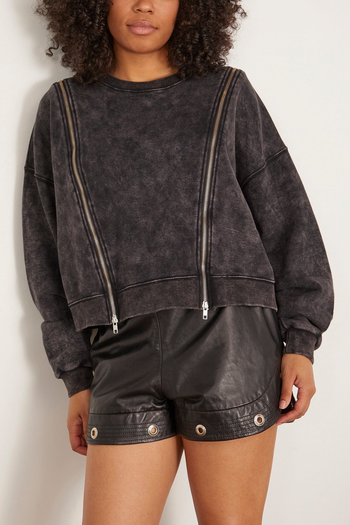 Zippered Crewneck Sweatshirt in Washed Black - 3