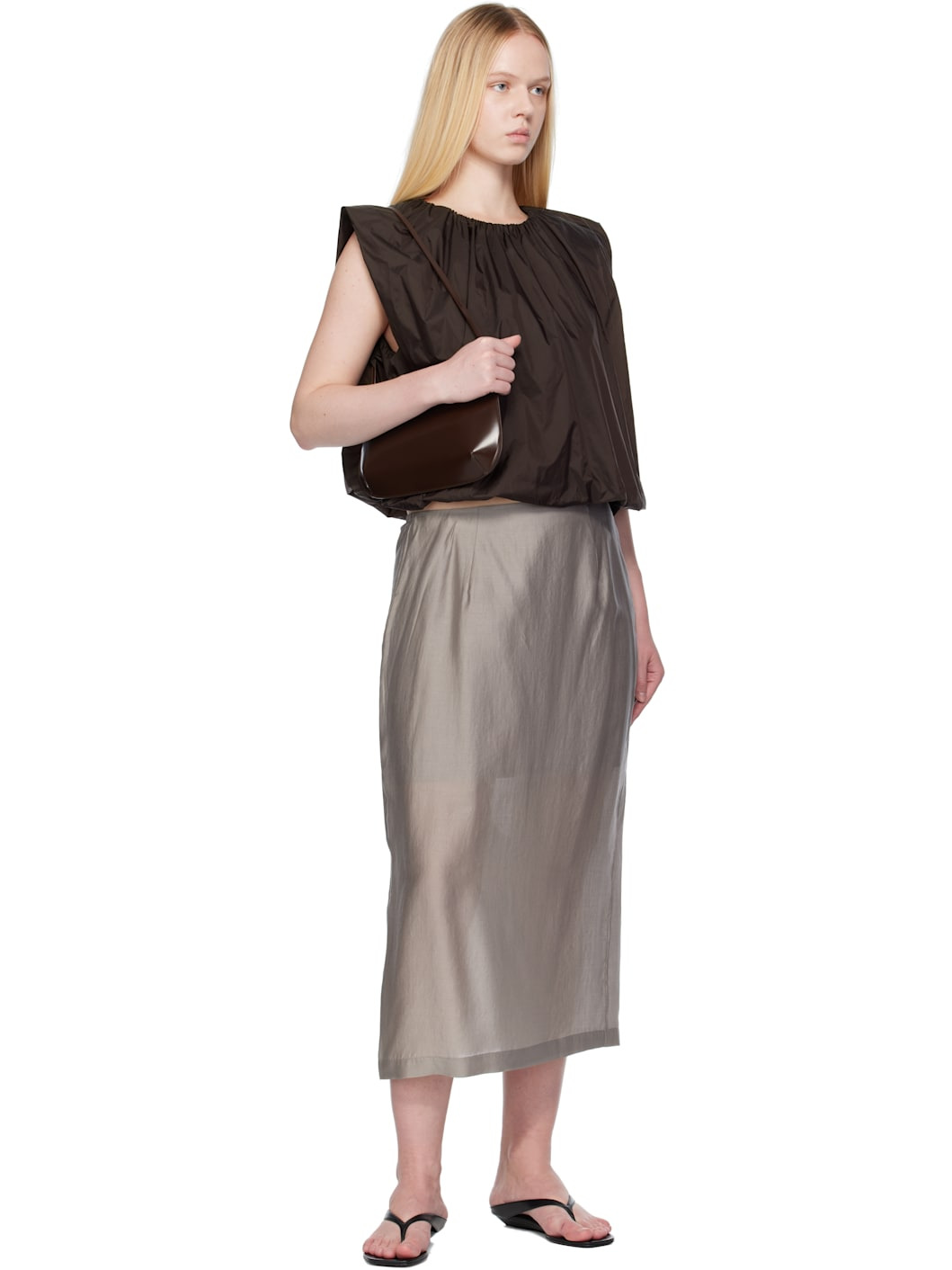 Brown Nylon Volume Shirring Top - 4
