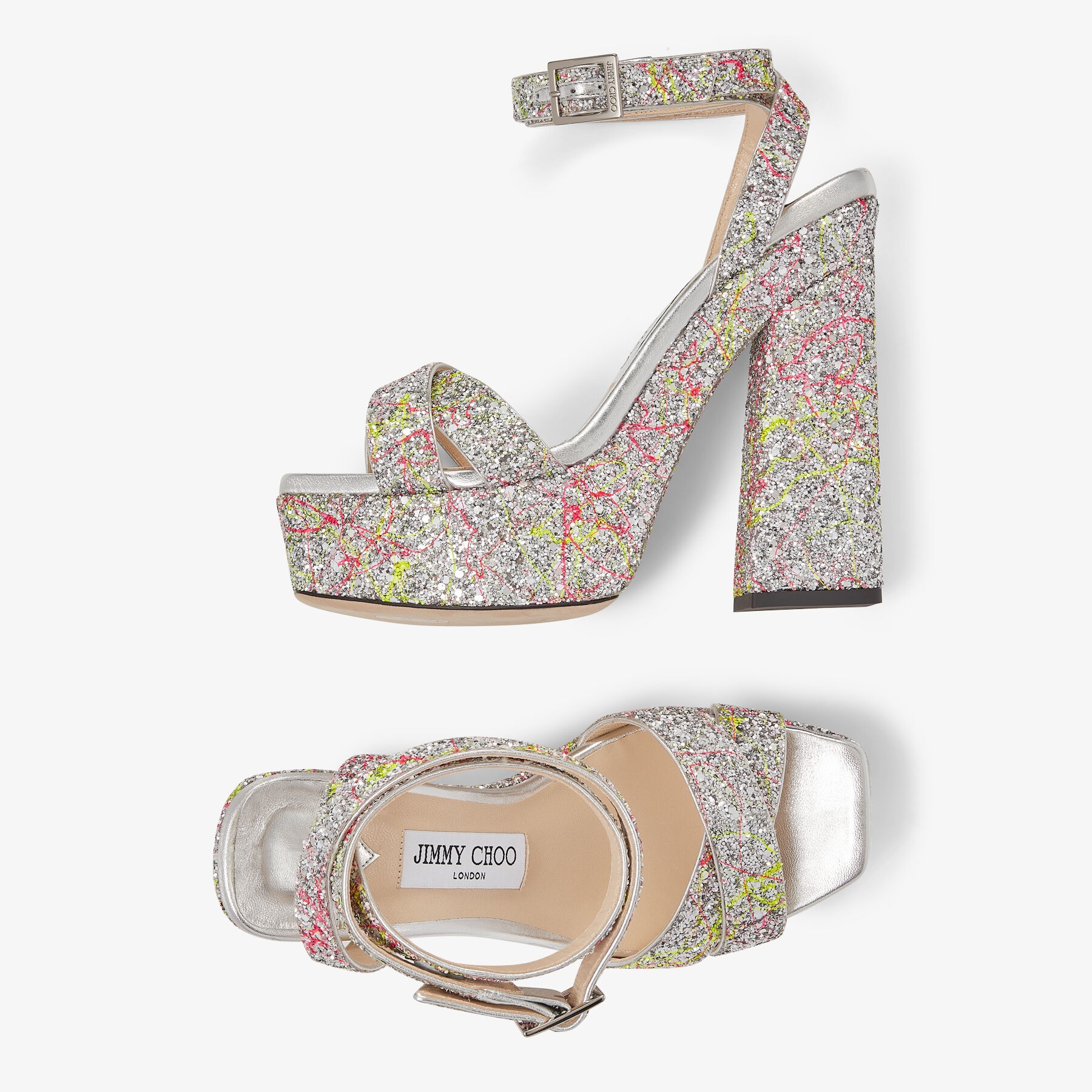 Gaia 140
Splattered Coarse Glitter Fabric Platform Sandals - 5