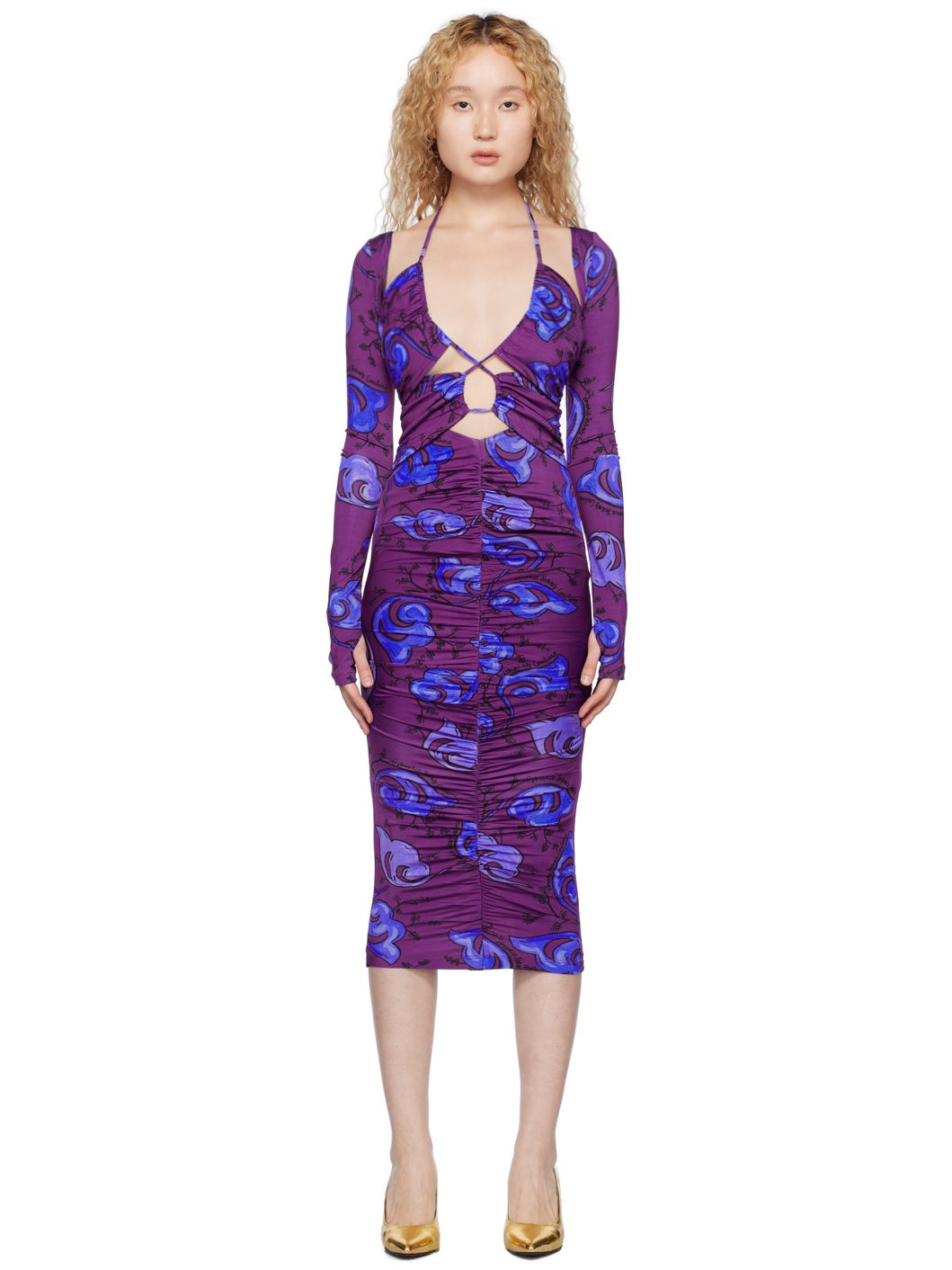 Purple Ruched Midi Dress - 1