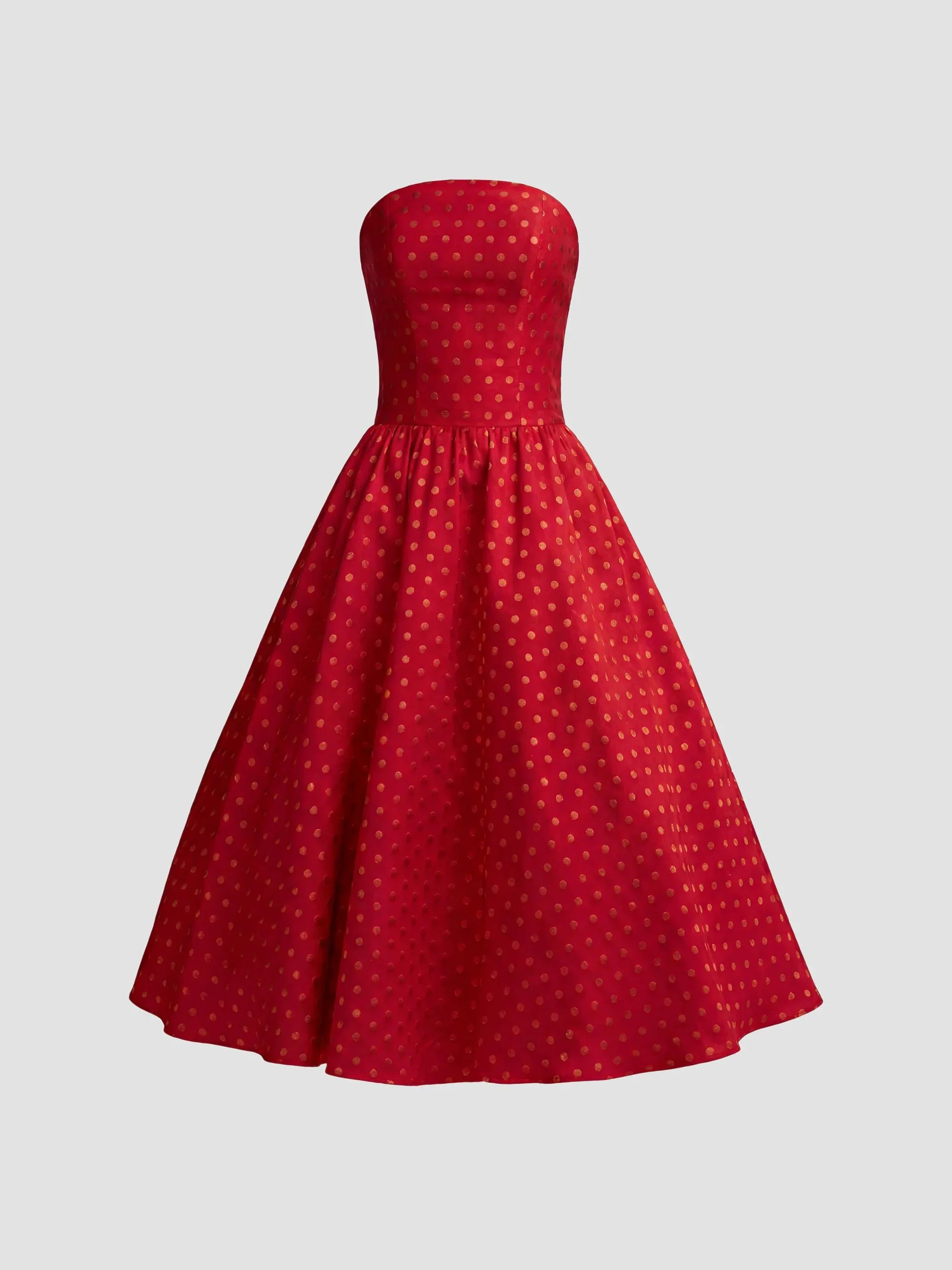 Women's Polka Dot Brocade Strapless Midi Dress - Red Multi - 1