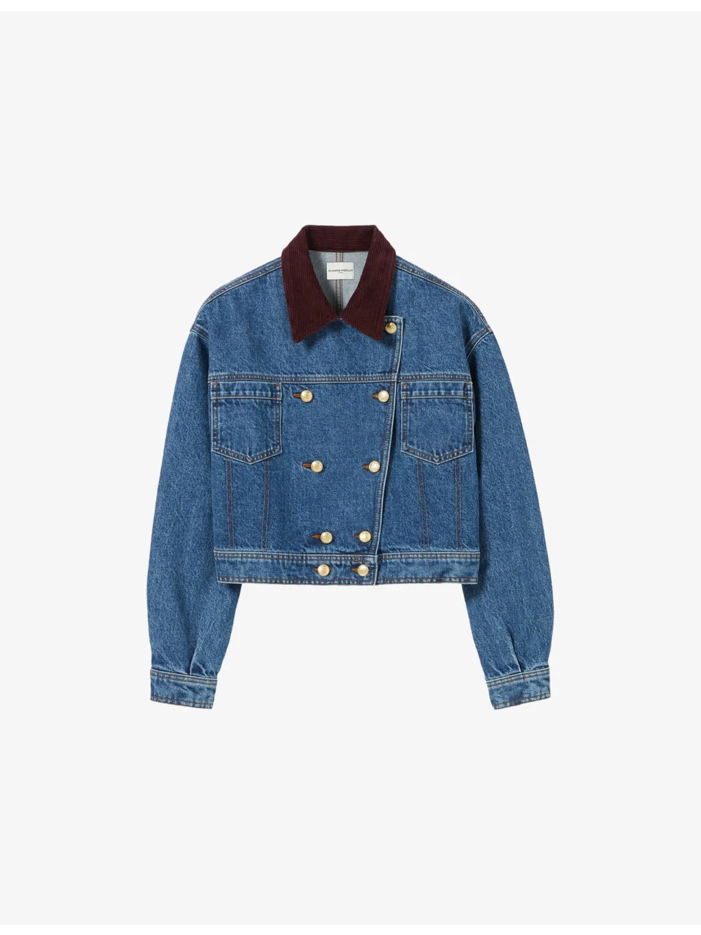 Contrast-Collar Double-Breasted Cropped Denim Jacket - 1