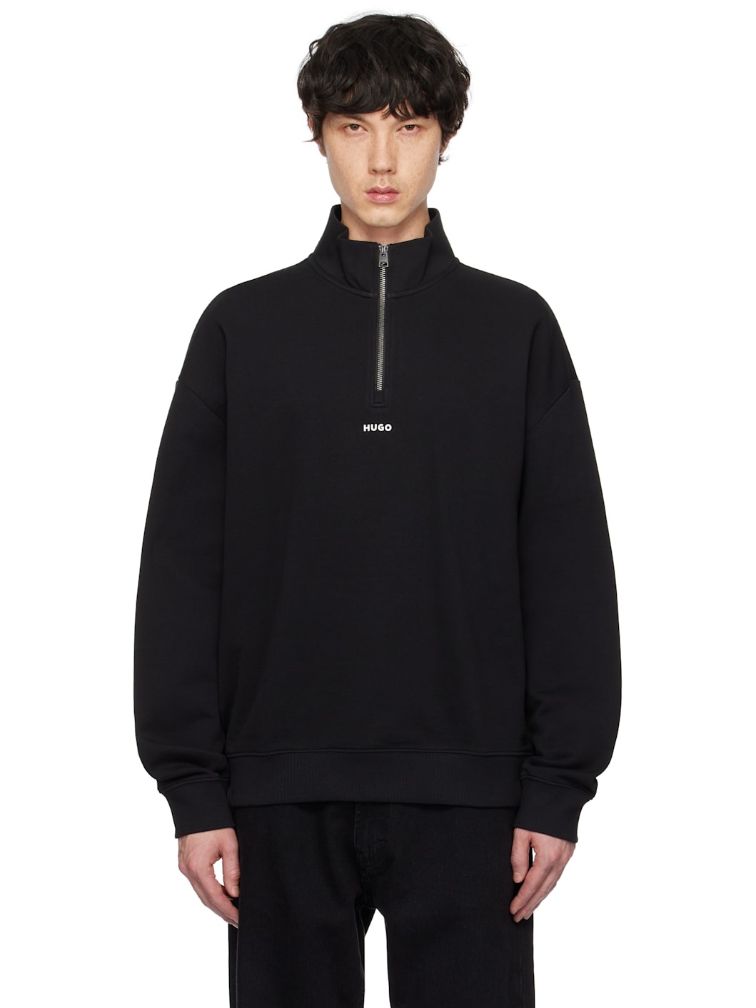 Black Logo Print Cotton-Terry Zip-Neck Sweatshirt - 1