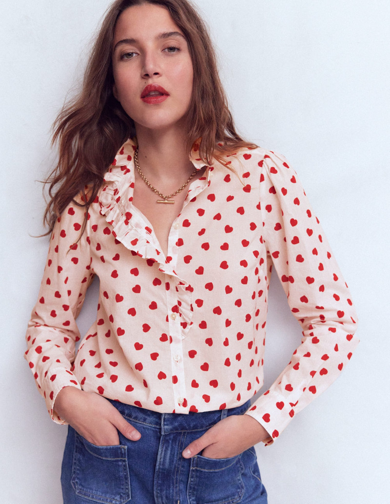 Isabel Ruffle Cotton Shirt-Ivory, Heart Confetti 5