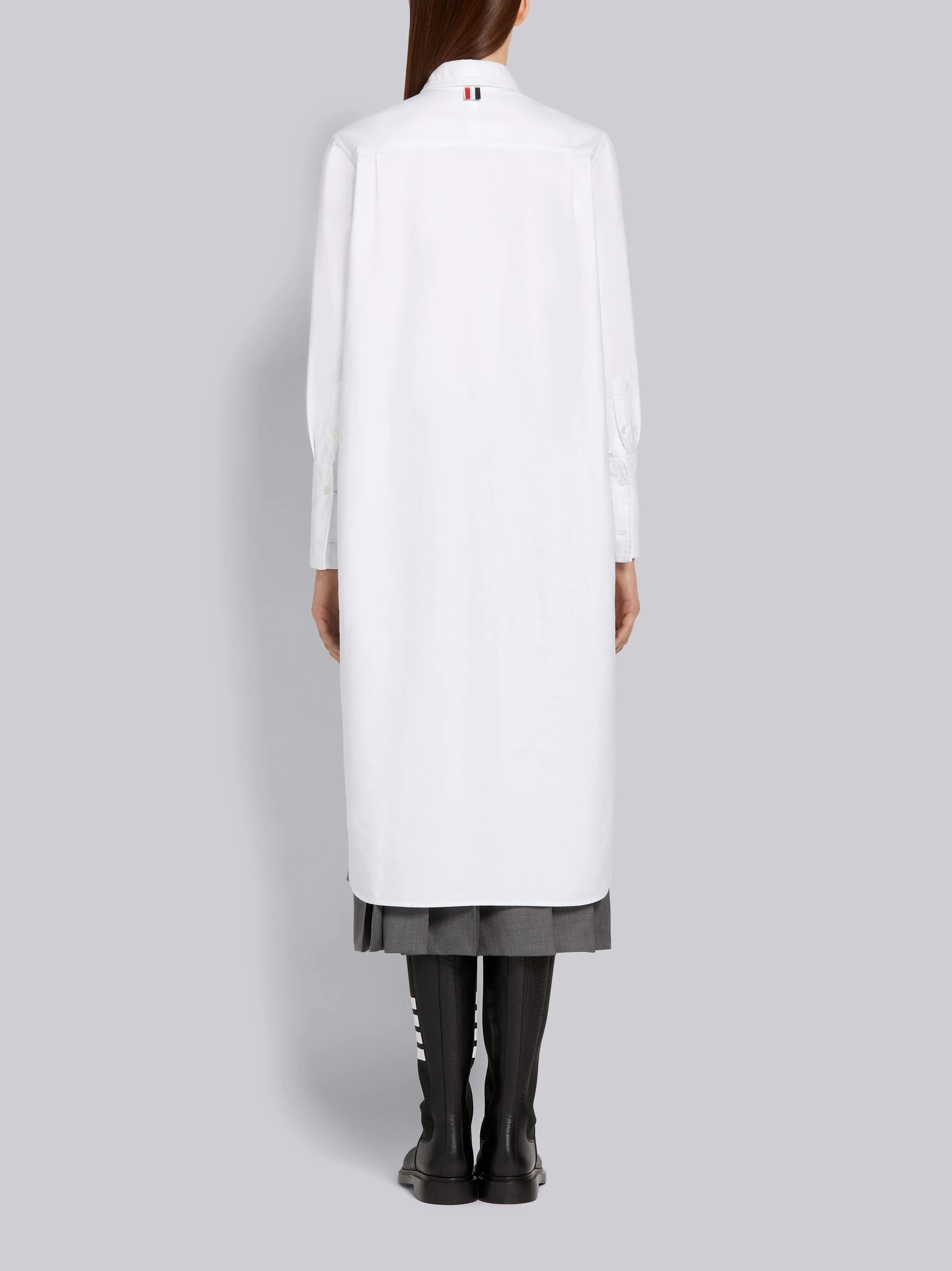 White Oxford Bow Tie Blouson Knee Length Shirtdress - 3