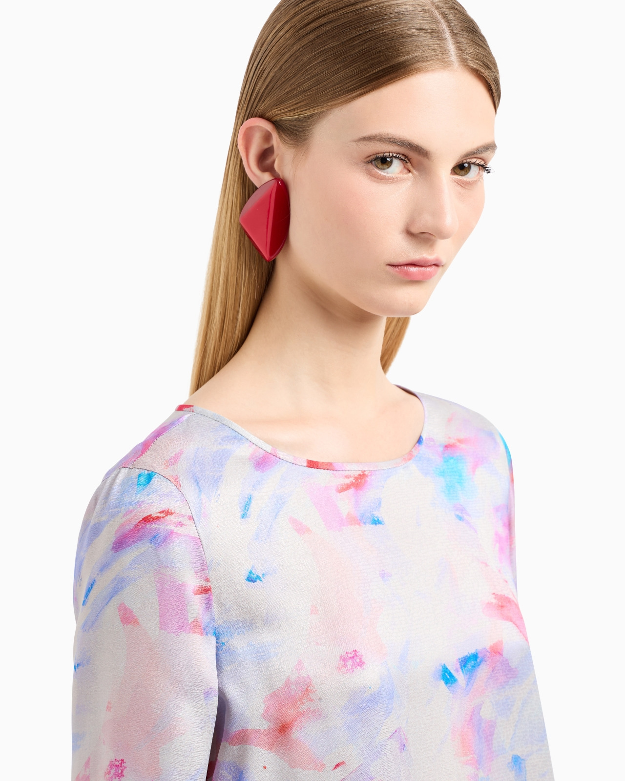 Blouse with three-quarter sleeves in satin crêpe with a watercolour-effect fancy print - 5