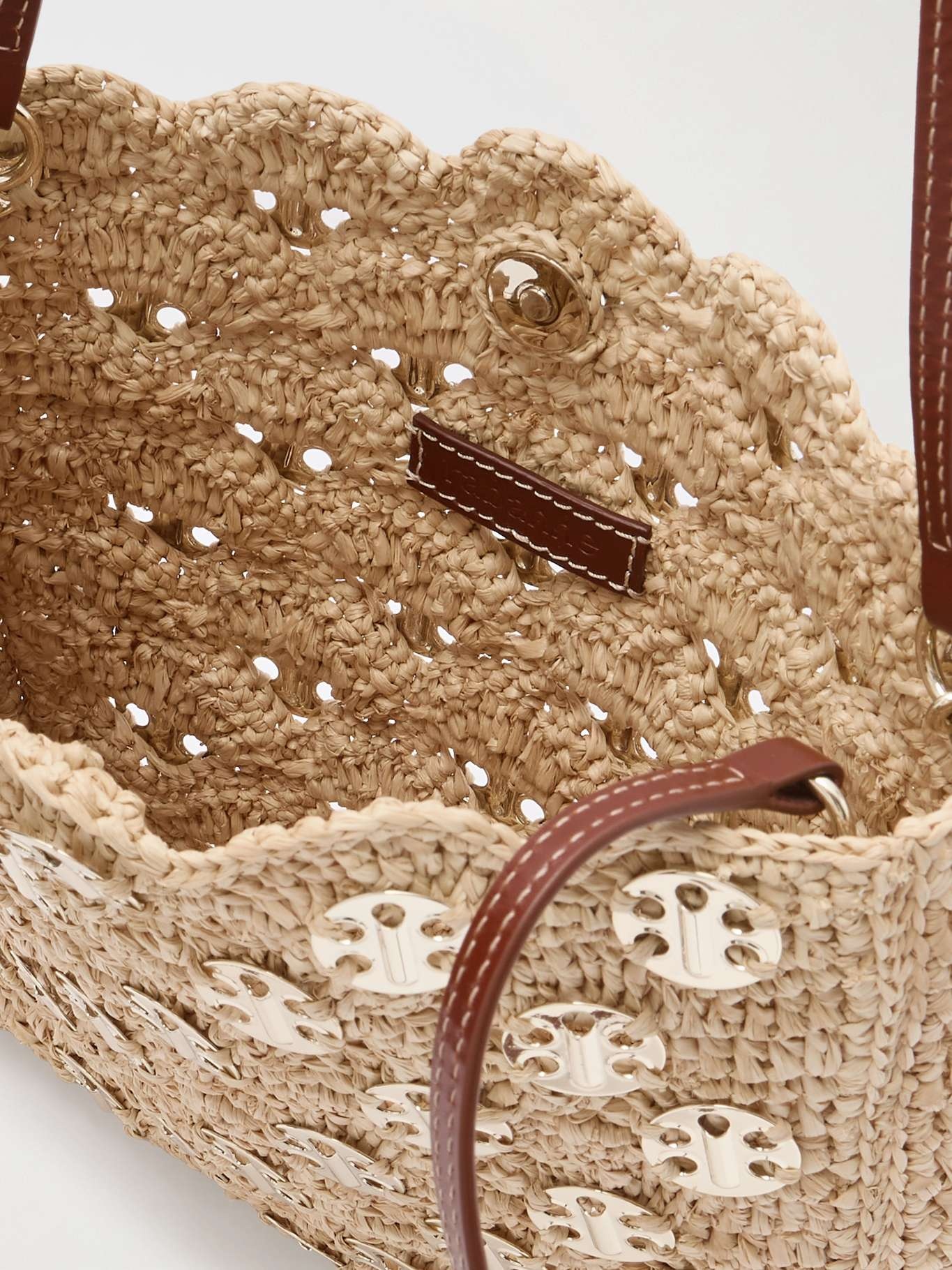 Leather-trimmed embellished woven raffia shoulder bag Neutral - 5