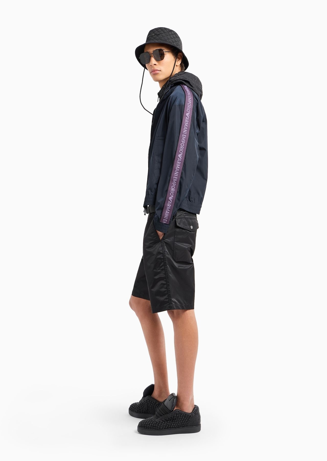 Lightweight nylon, hooded zip-up blouson with all-over jacquard lettering - 4