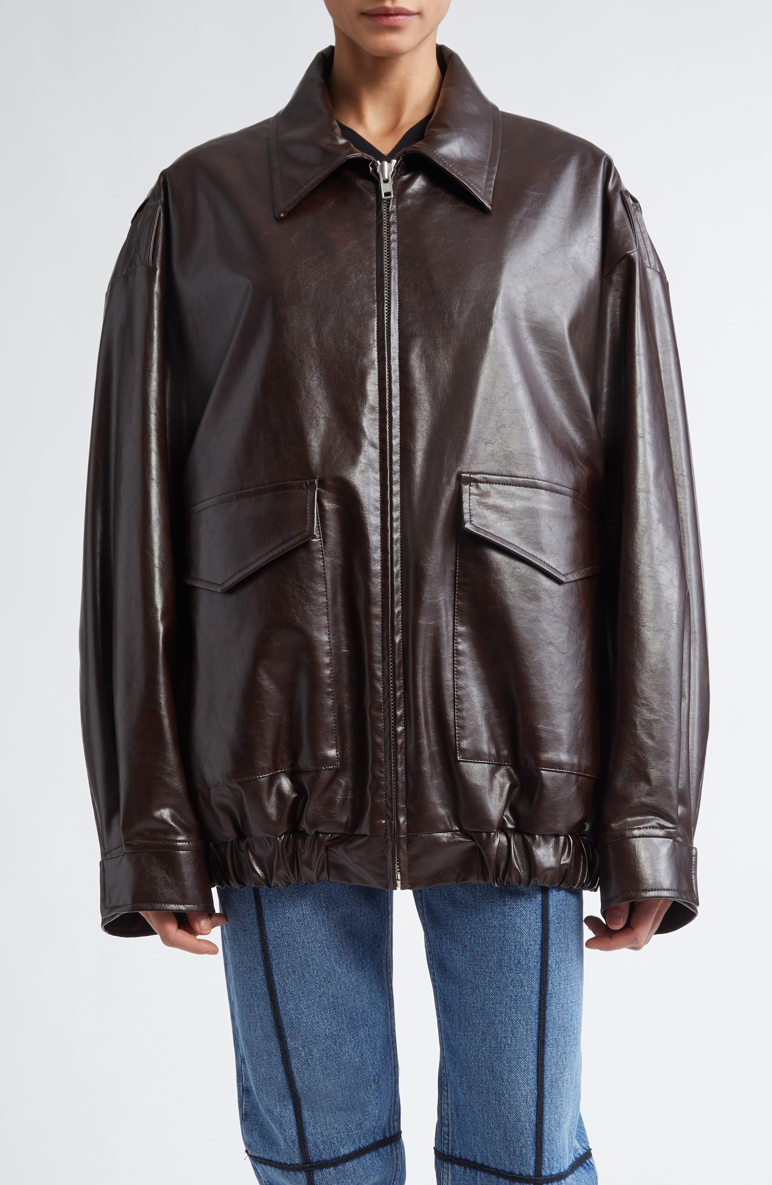 MM6 Maison Margiela Oversize Faux Leather Bomber Jacket in Burgundy at Nordstrom - 1