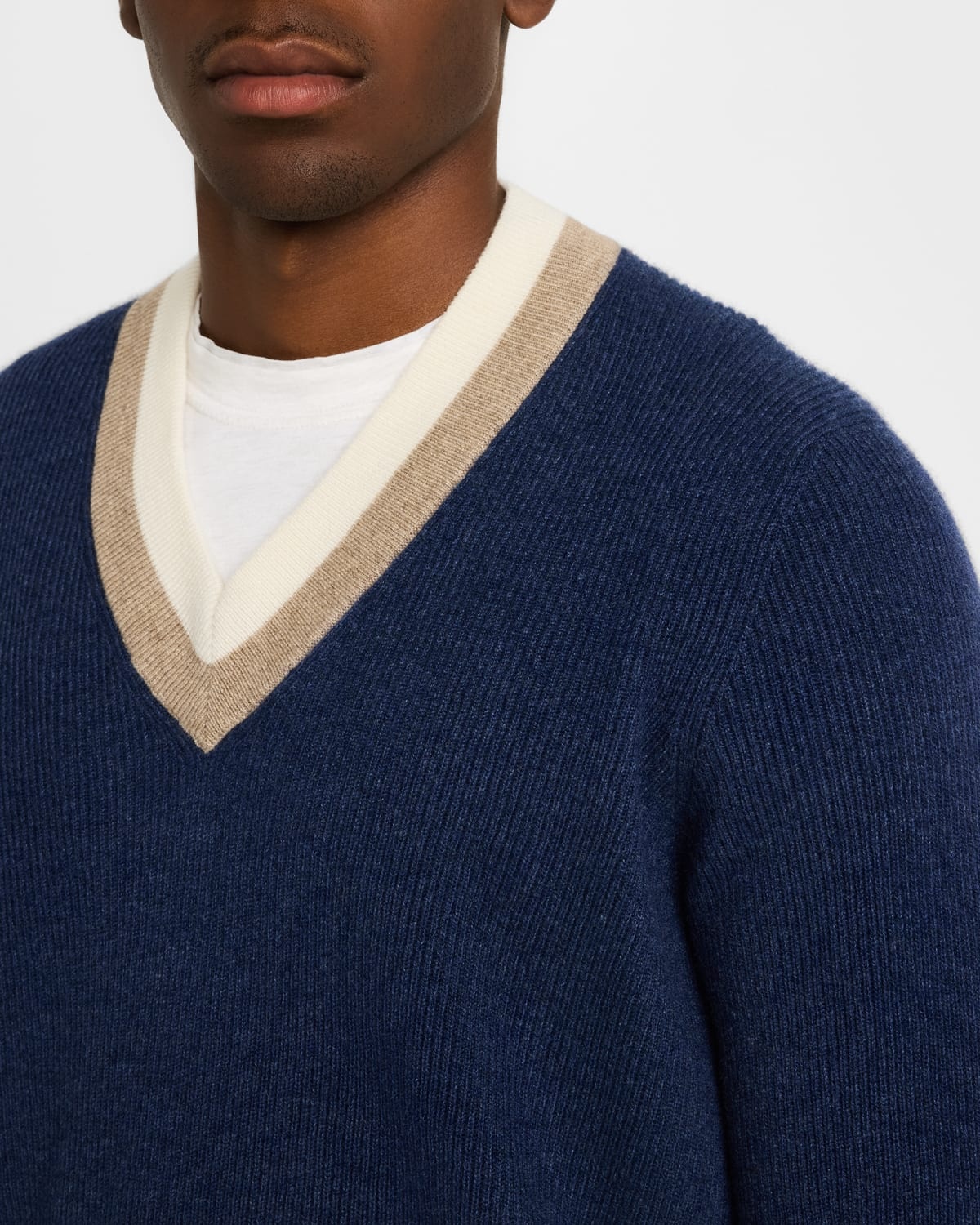 Men's Cashmere Double Varsity Stripe V-Neck Sweater - 5