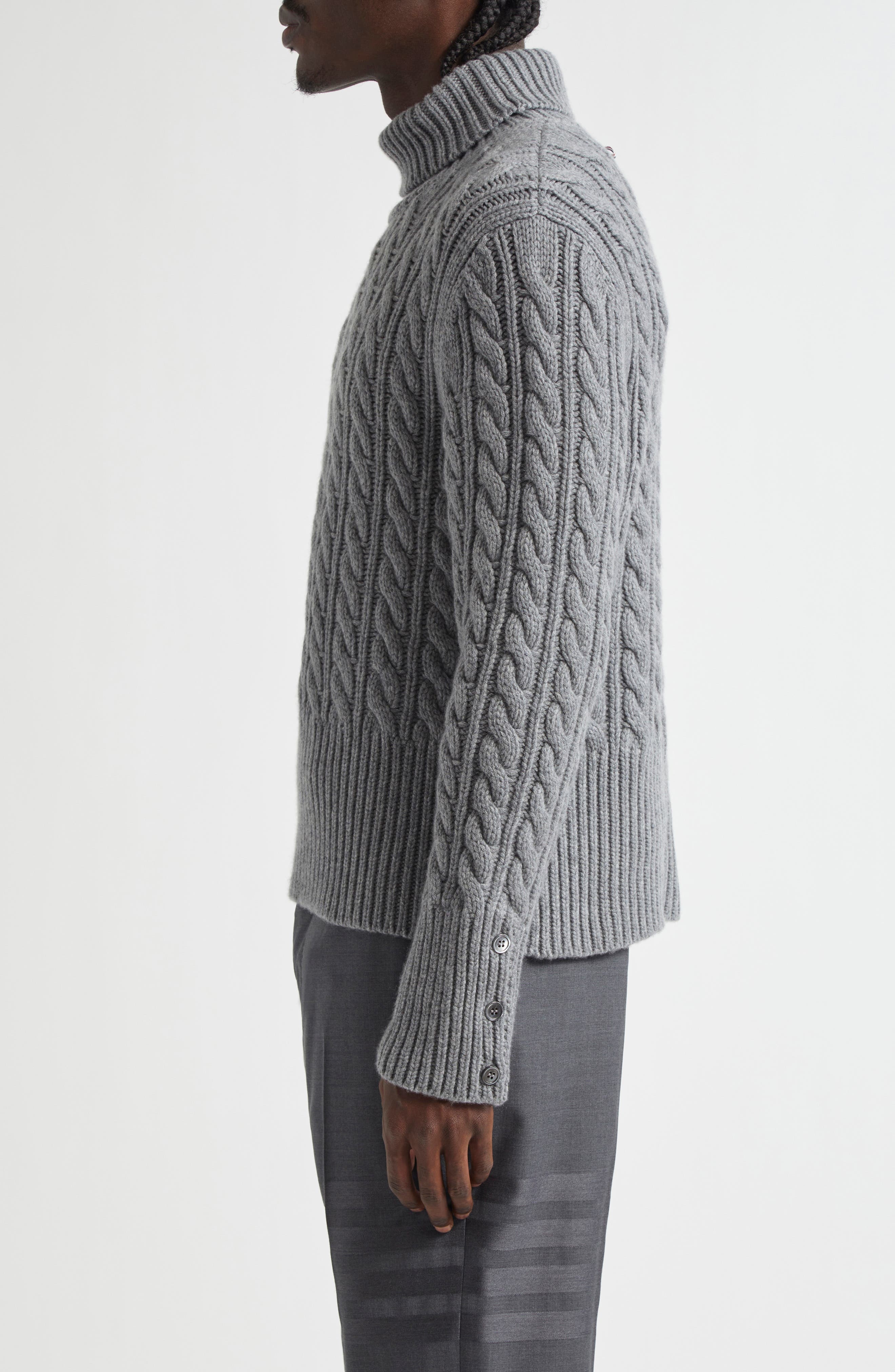 Thom Browne Classic Cable Knit Cashmere Turtleneck Sweater in Light Grey at Nordstrom - 4