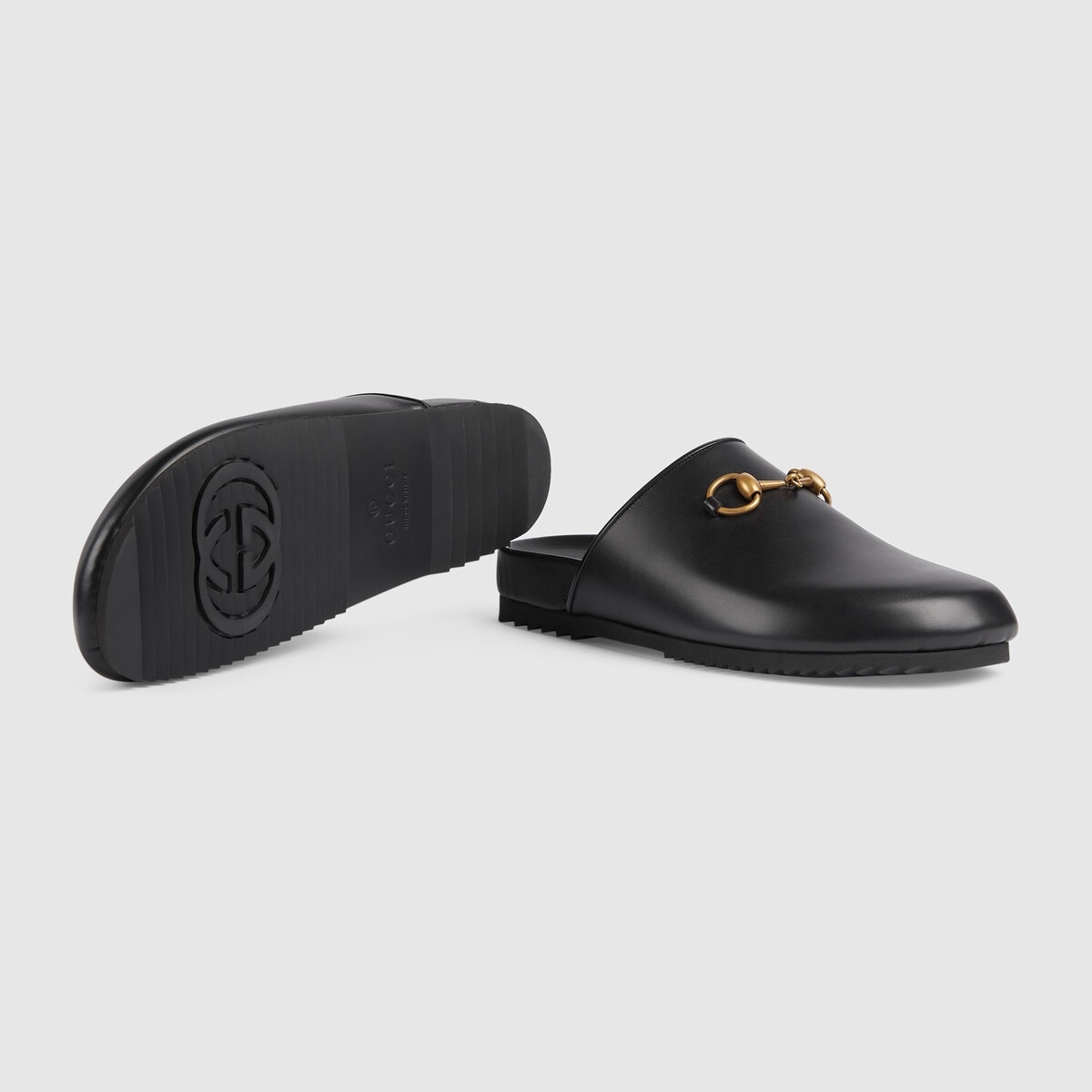 フラットシューズ Pericle Horsebit Leather Slippers Gucci Pericle Horsebit Mules Black Leather NIB Mens US 9