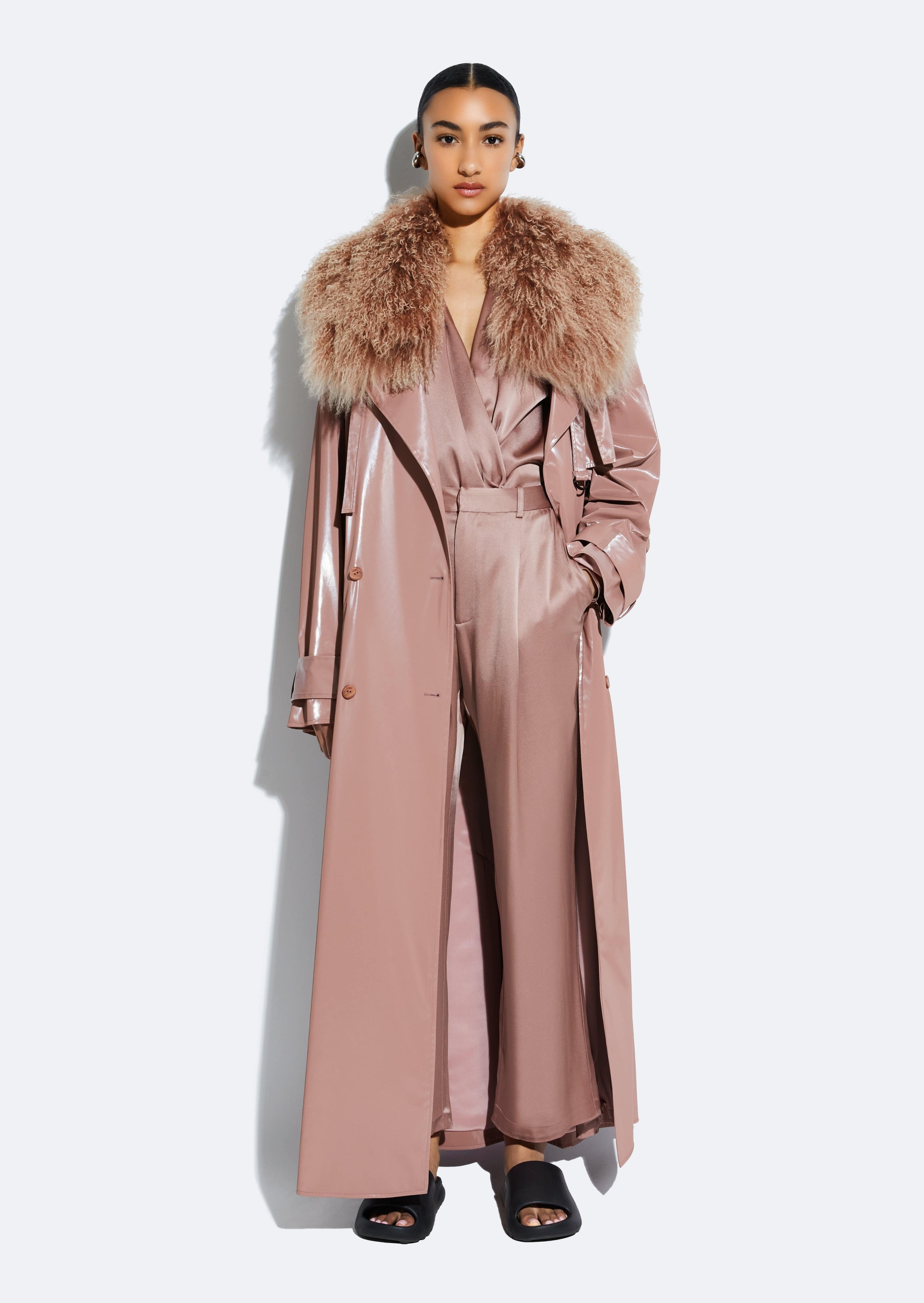 Vinyl Double Breasted Trench With Shearling Collar - 3