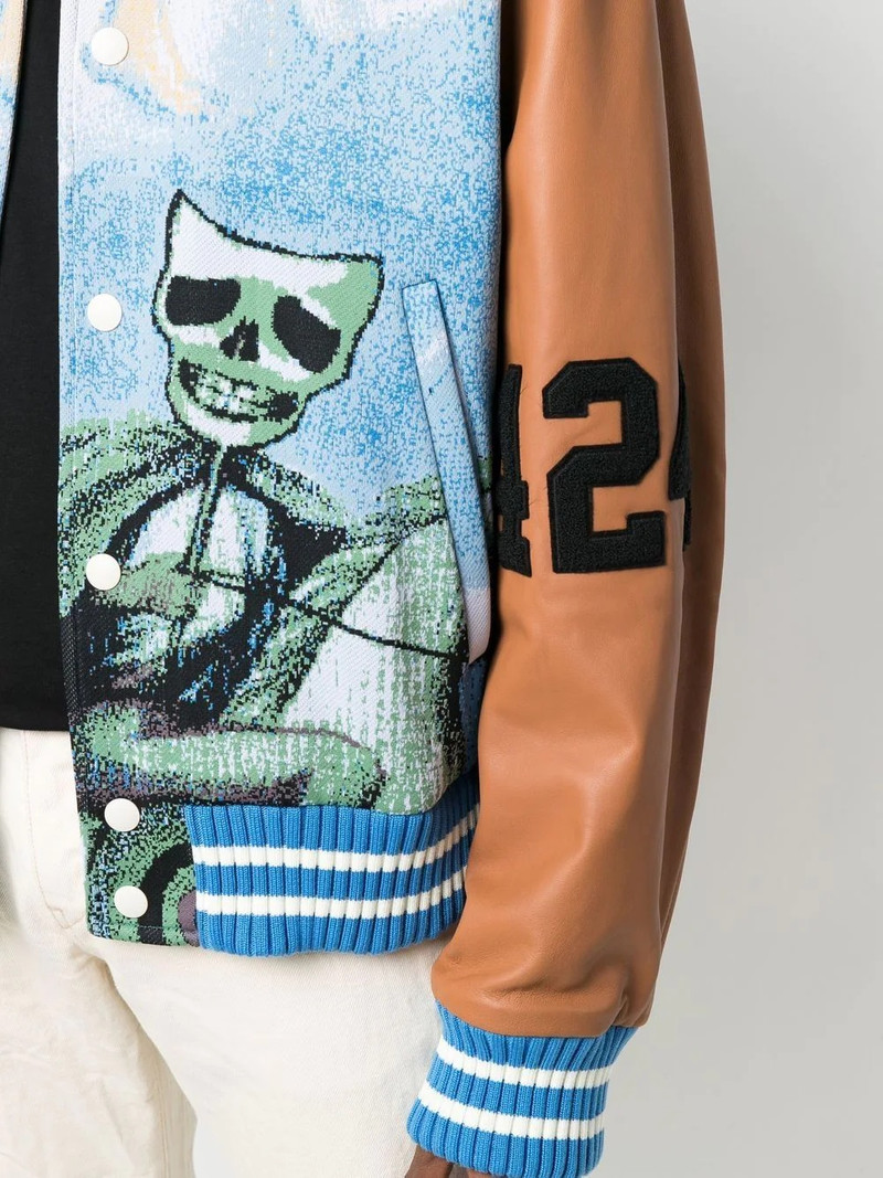 jacquard-print leather-sleeve bomber jacket 5