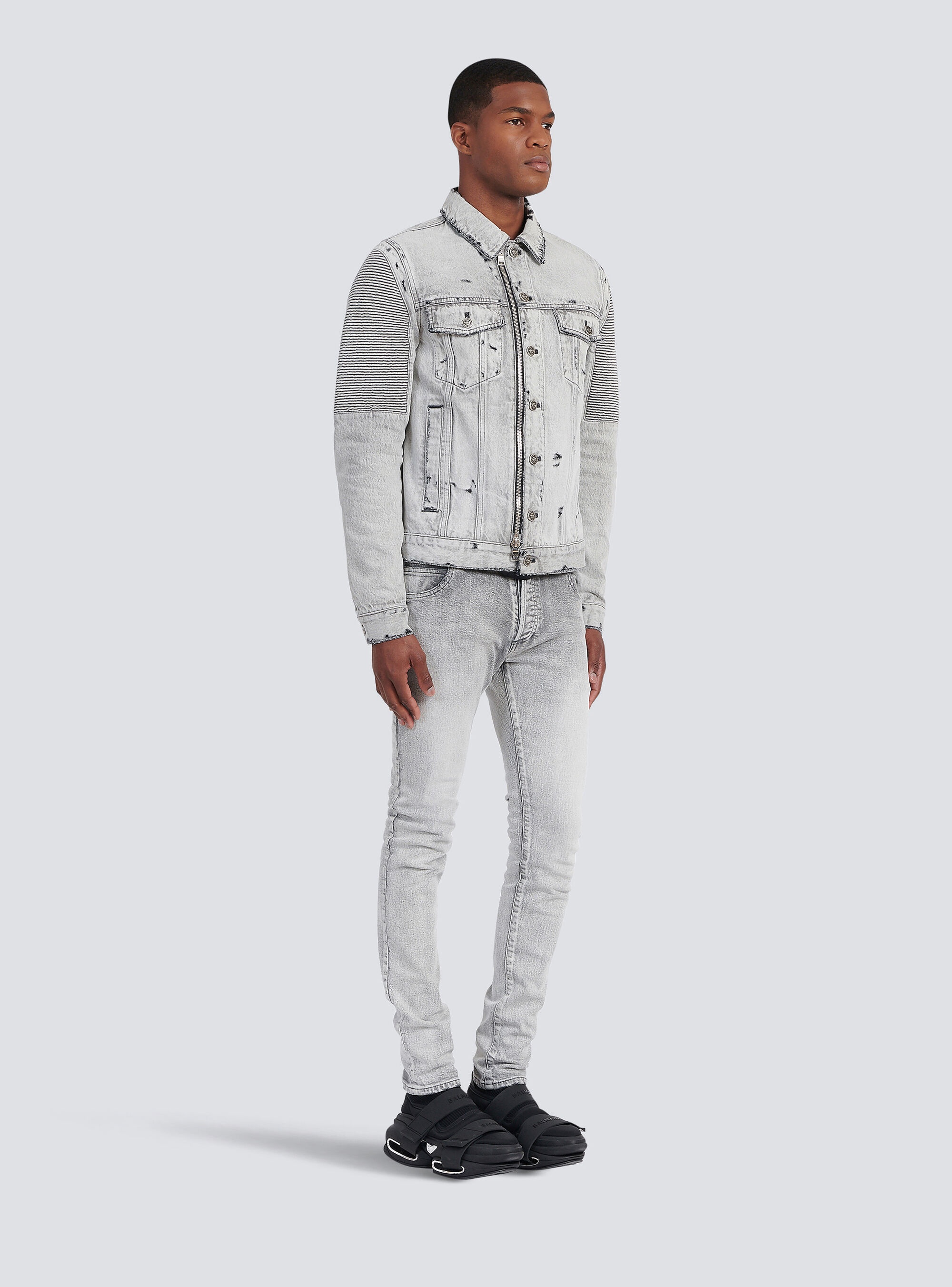 Faded and ripped jean jacket with ridged panels - 5