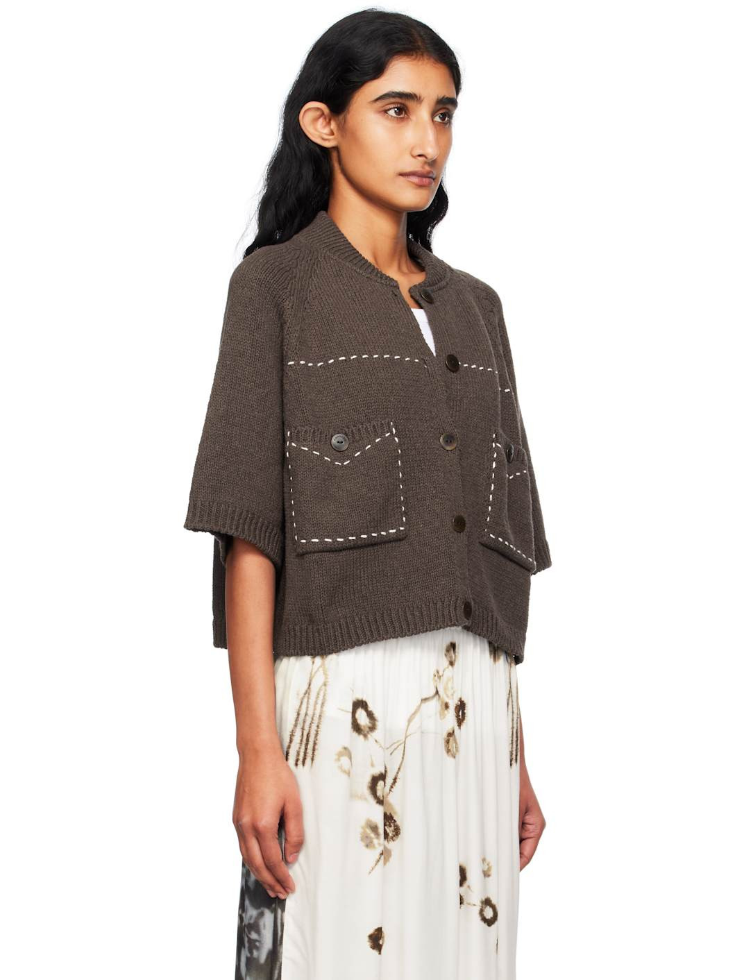 Brown Cotton Stitched Cardigan - 2