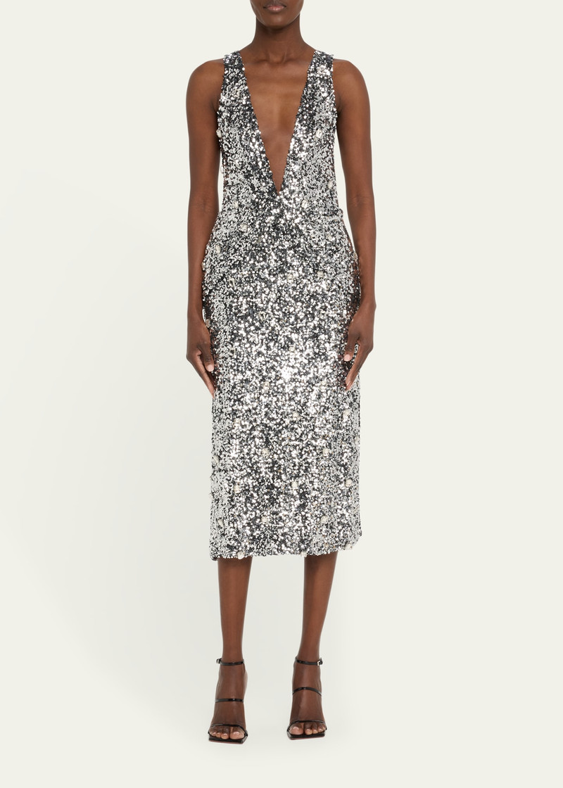 BRANDON MAXWELL Santha Plunging Draped Sequin Midi Dress outlook