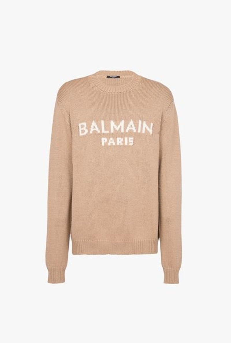 Sand-colored merino wool sweater with white Balmain Paris logo 1