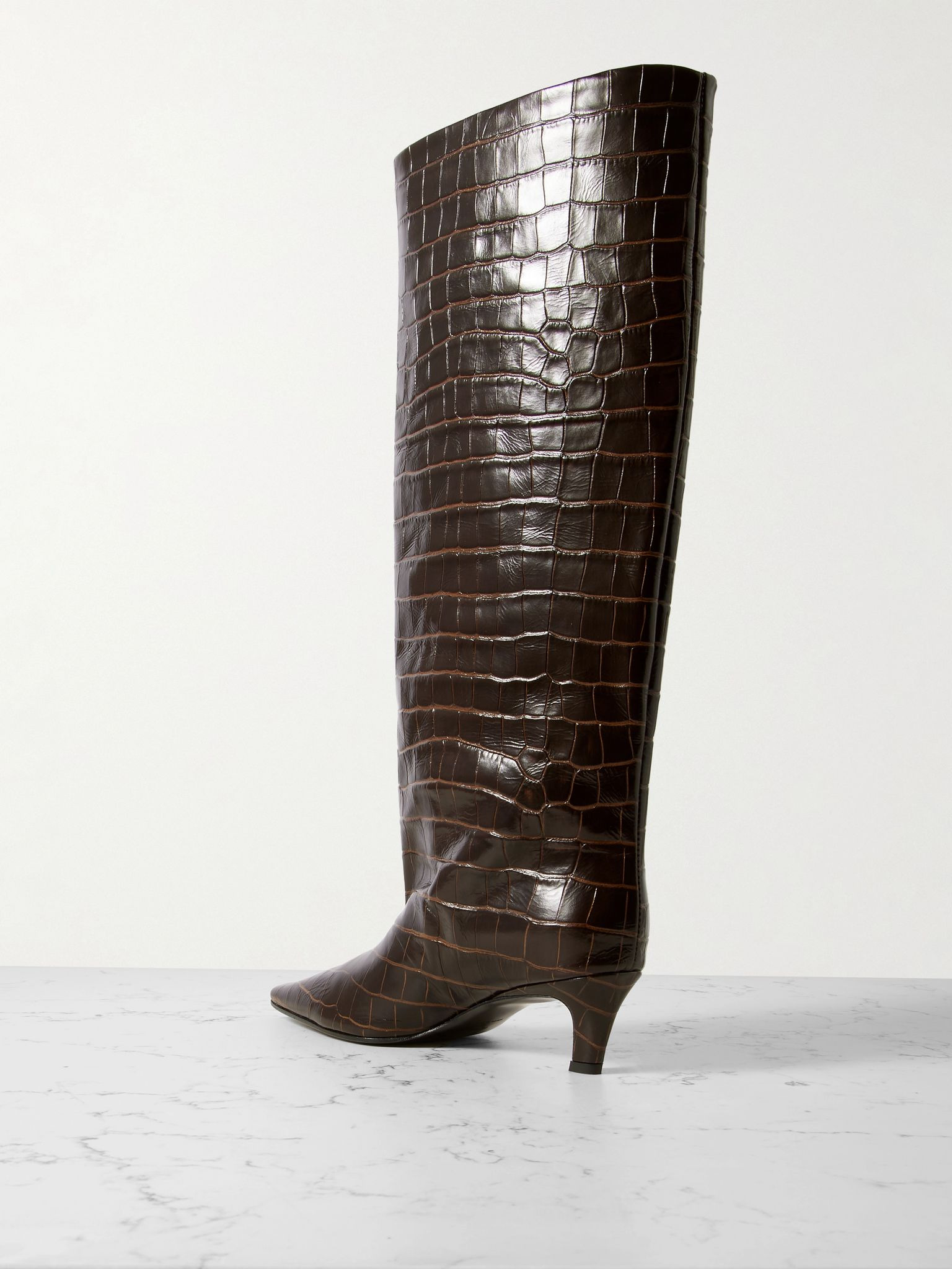 Croc-effect leather knee boots Chocolate - 3