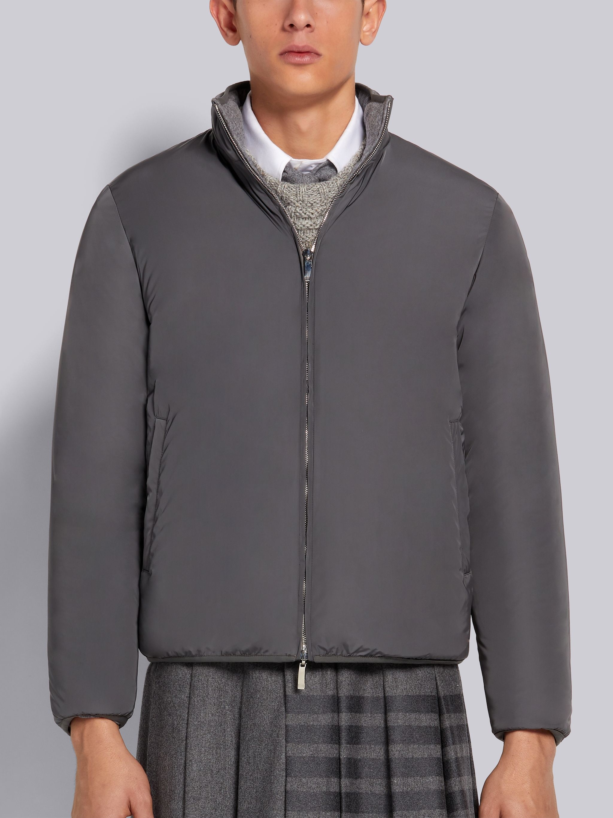 Medium Grey Lightweight Boiled Wool Engineered Stripe Reversible Funnel Neck Zip-up Jacket - 2