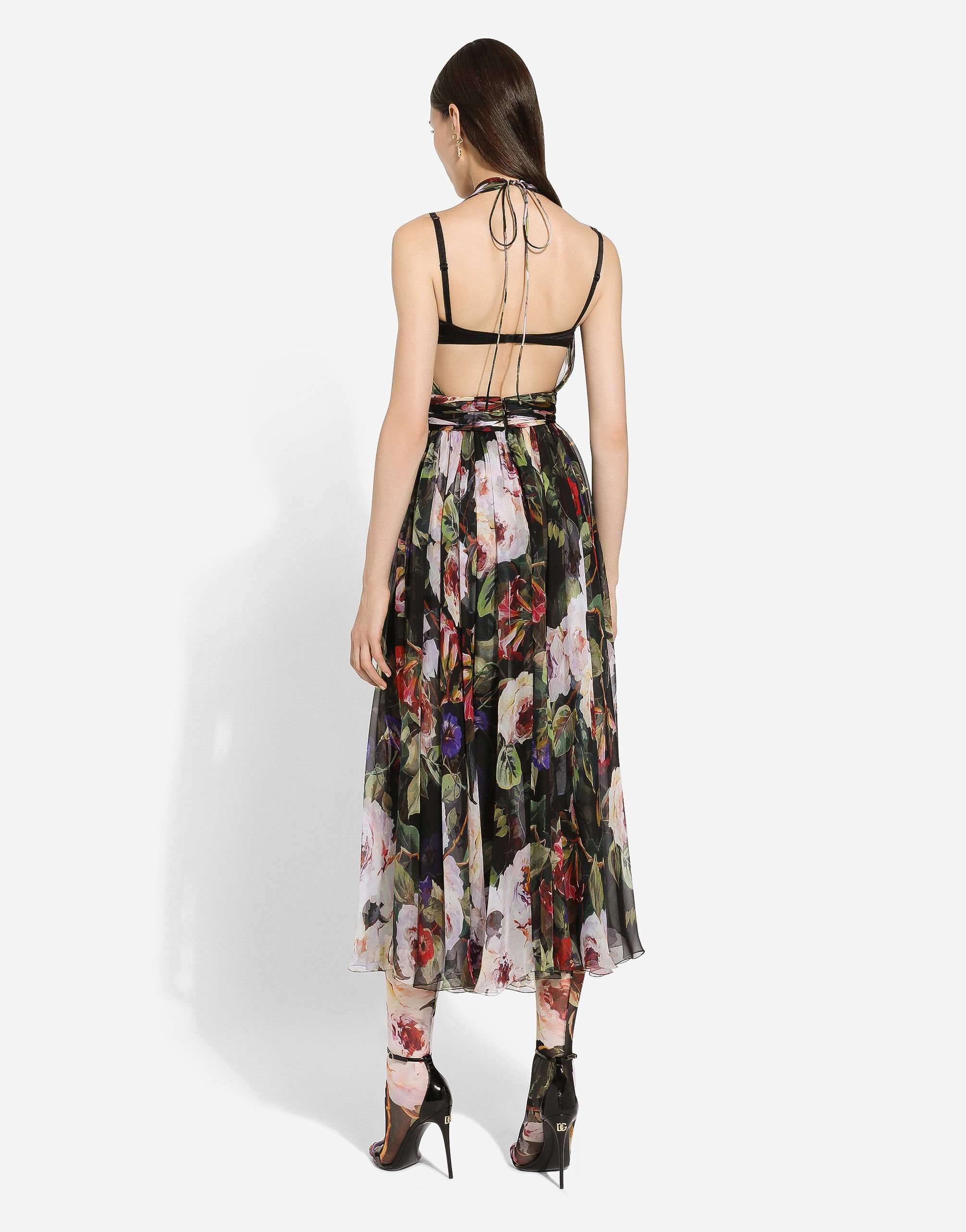 Chiffon calf-length dress with rose garden print - 3