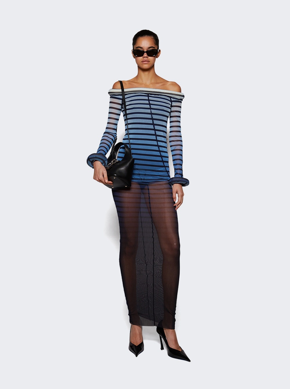 Long 3d Striped Dress Blue And Black - 2