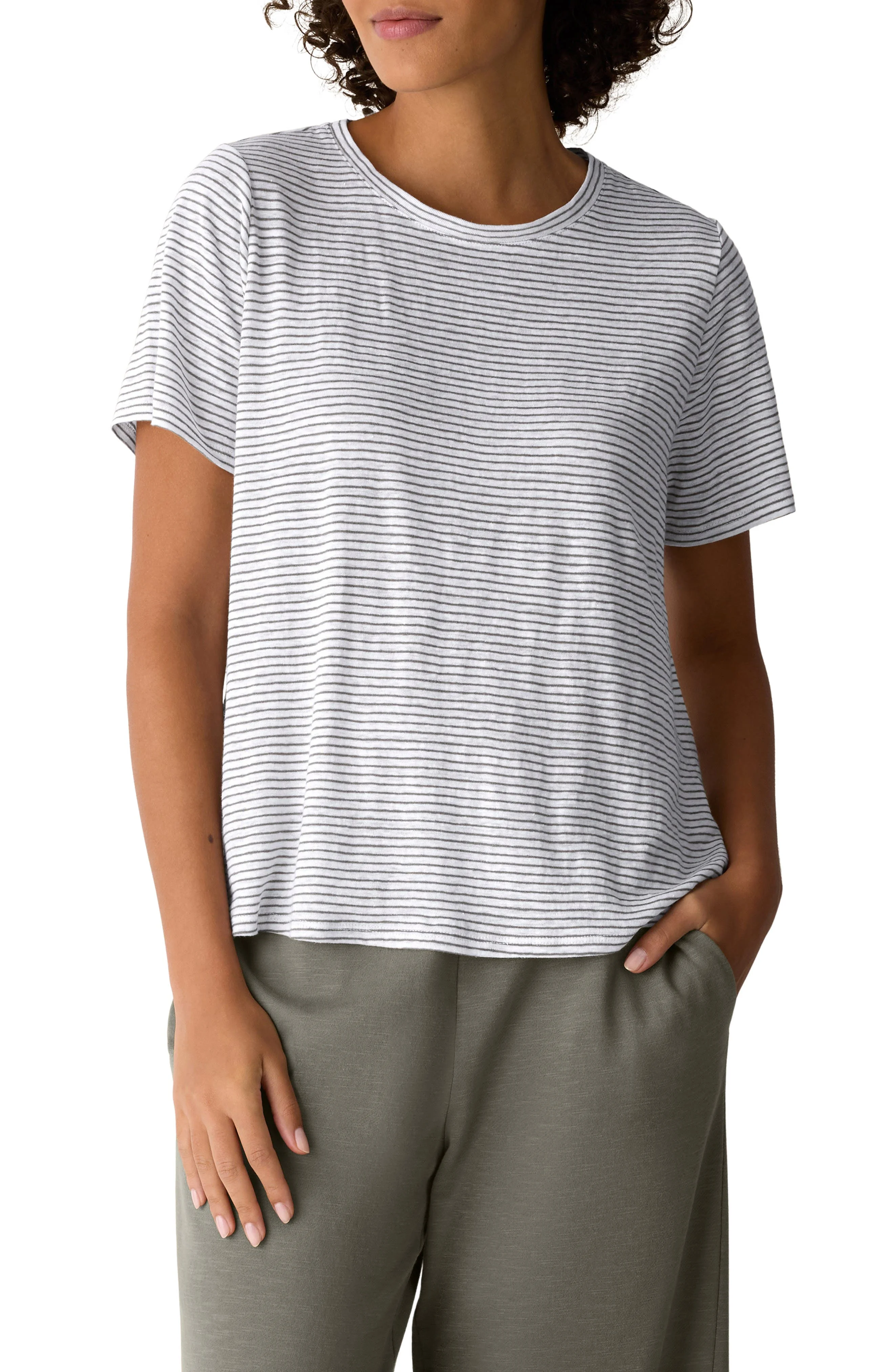 Eileen Fisher Stripe Organic Linen T-Shirt in Bay Leaf at Nordstrom - 1