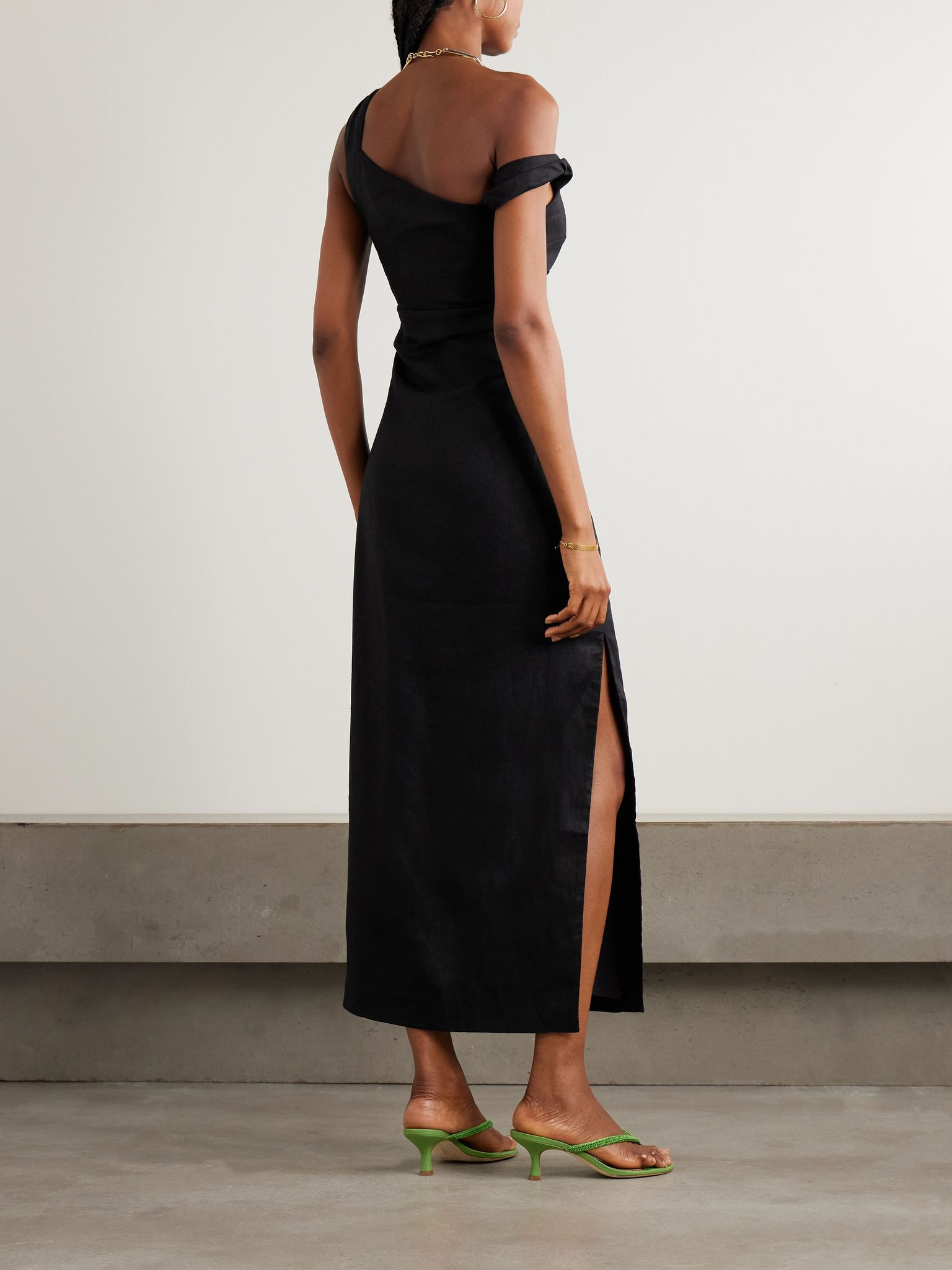 Twisted ruched linen midi dress Black - 3