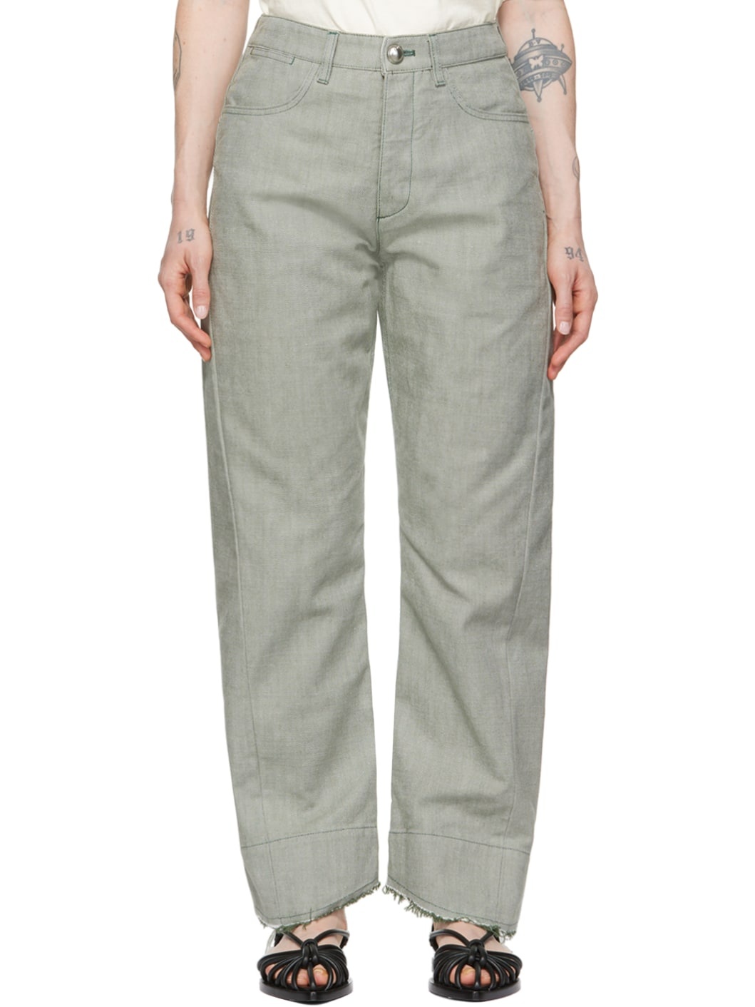 Green Raw-Cuff Jeans - 1