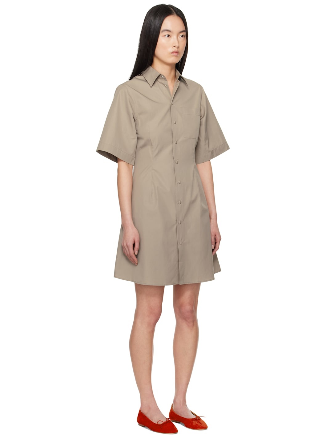 Taupe Cotton Short Sleeve Shirt Minidress - 2